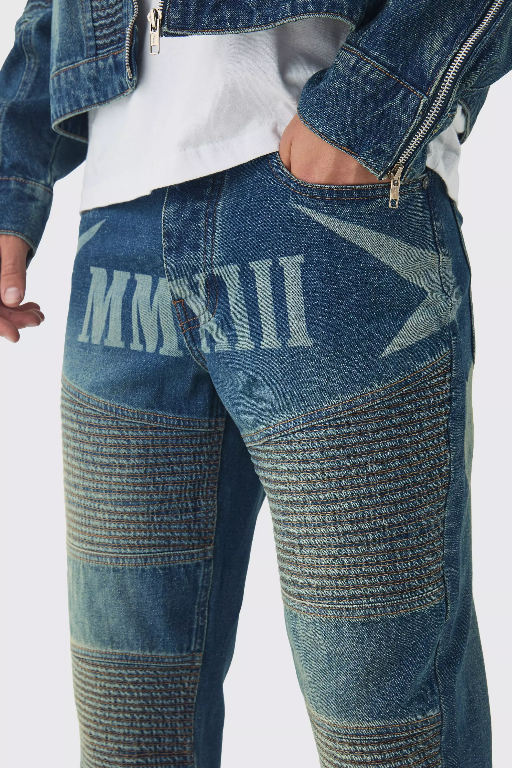 Vintage blue Laser Print Moto Star Jeans Met Rechte Pijpen alternatieve afbeelding