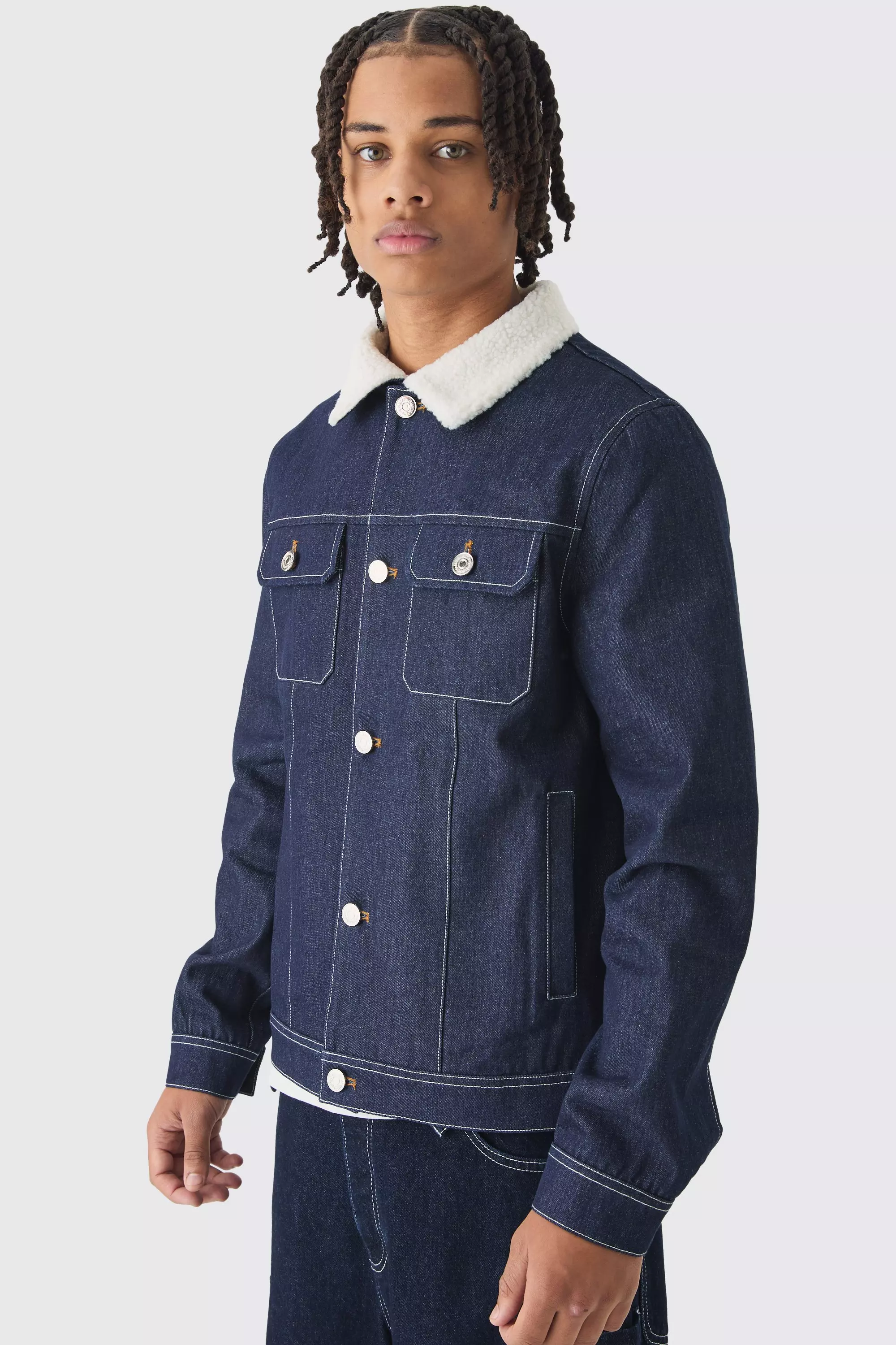 Regular Borg Collar Contrast Stitch Indigo Jacket Indigo