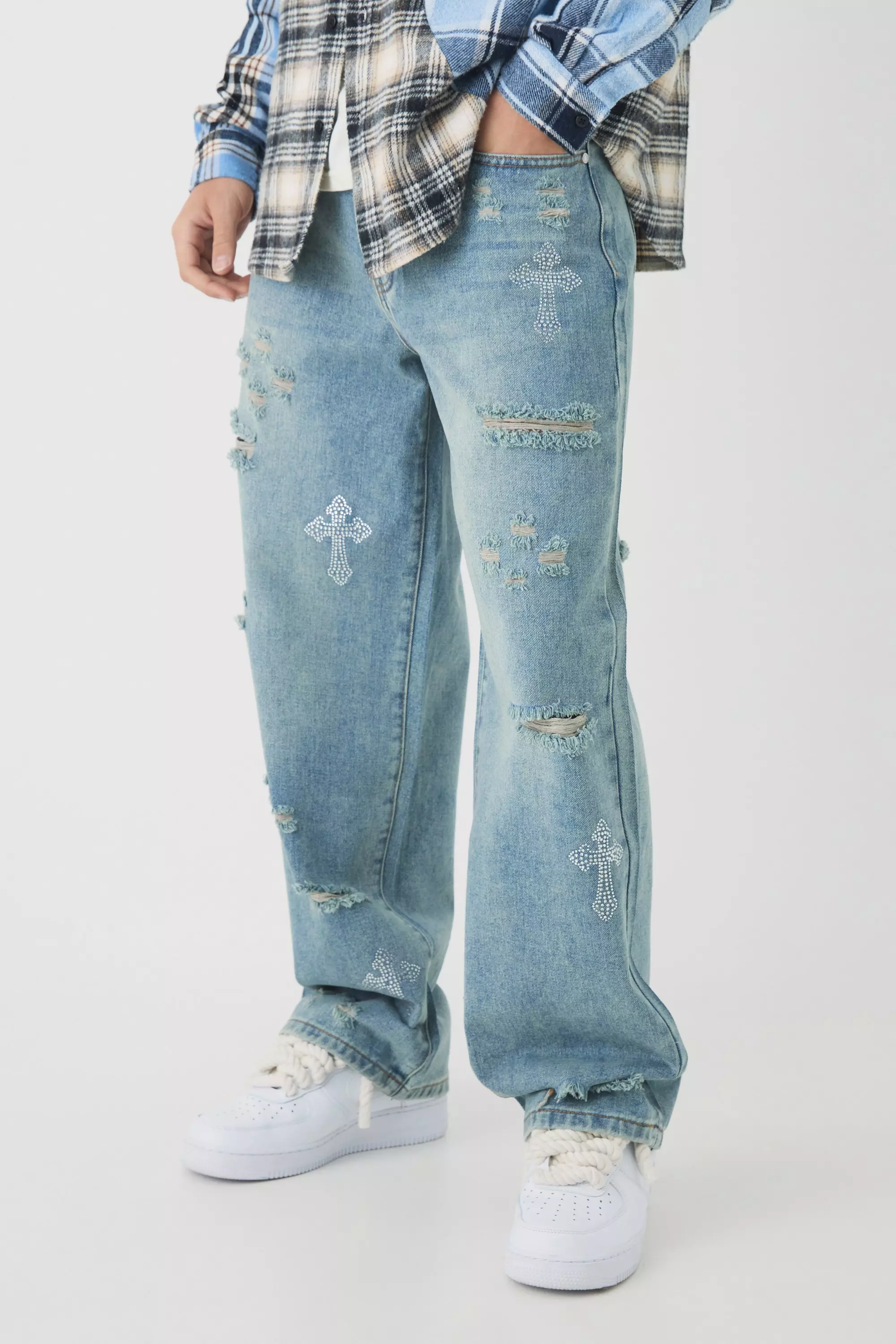 Relaxed Fit Rhinestone Cross Ripped Jeans Vintage blue