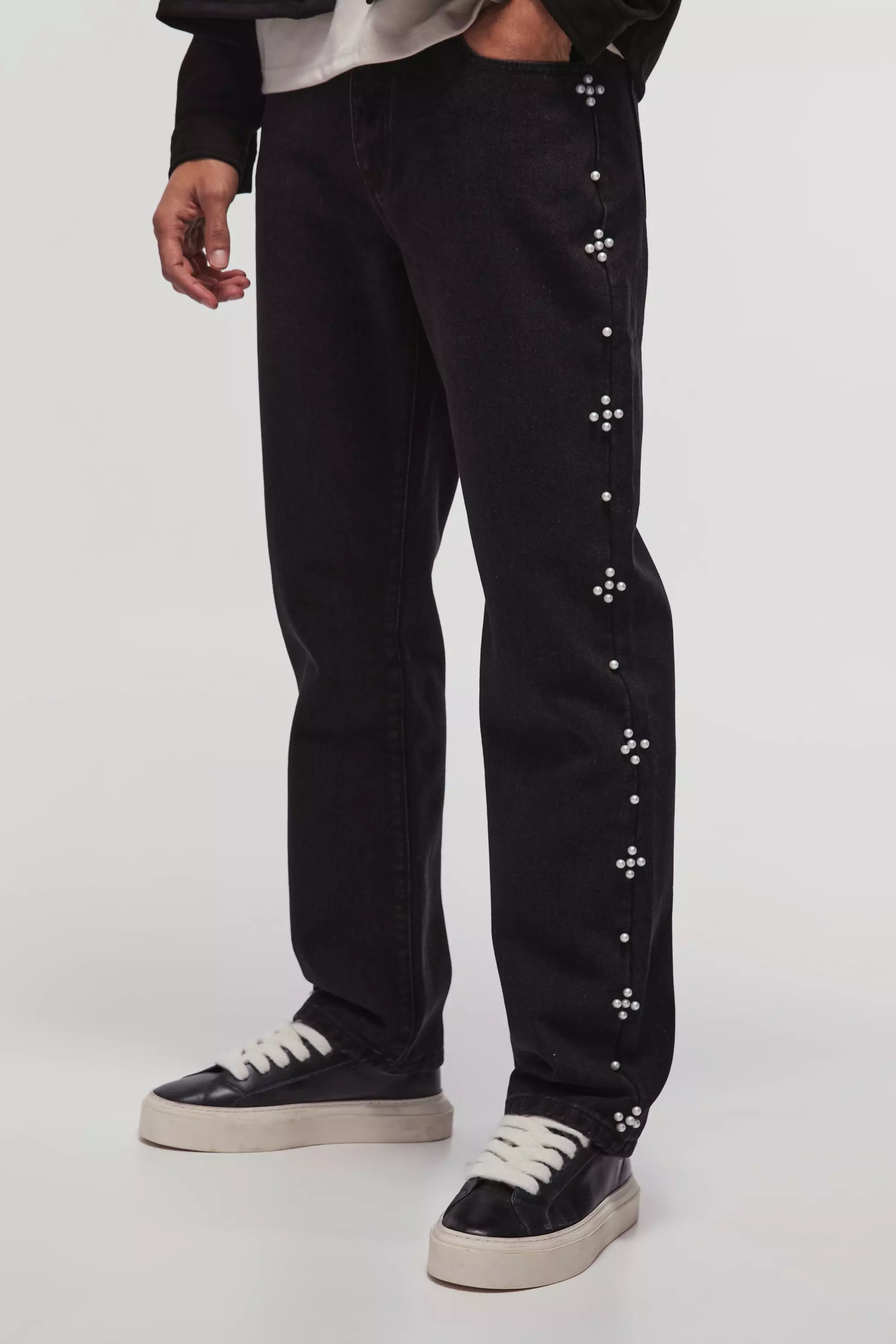 Gerade Jeans mit Perlen, Washed black alternatives Bild