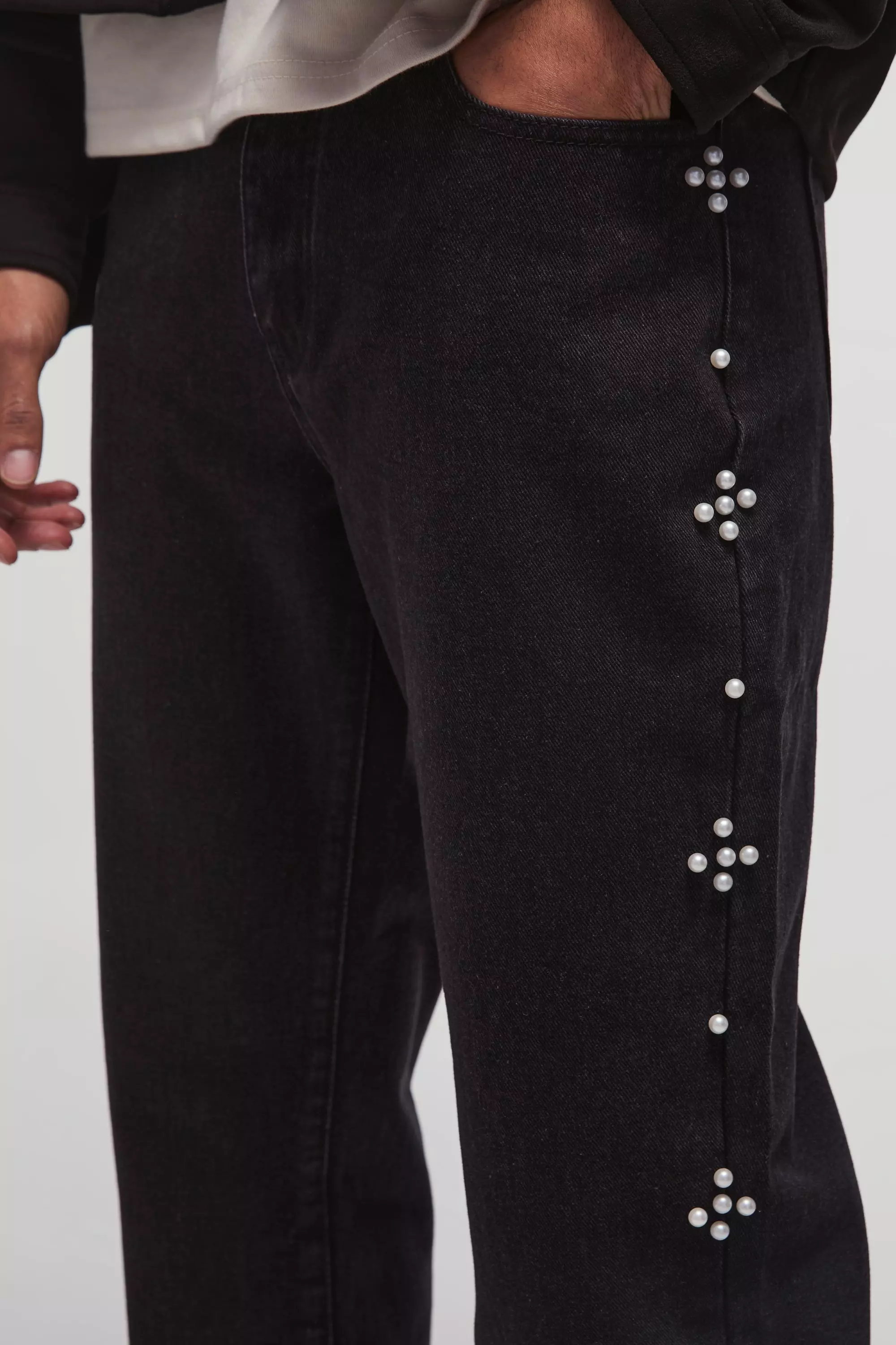 Gerade Jeans mit Perlen, Washed black alternatives Bild