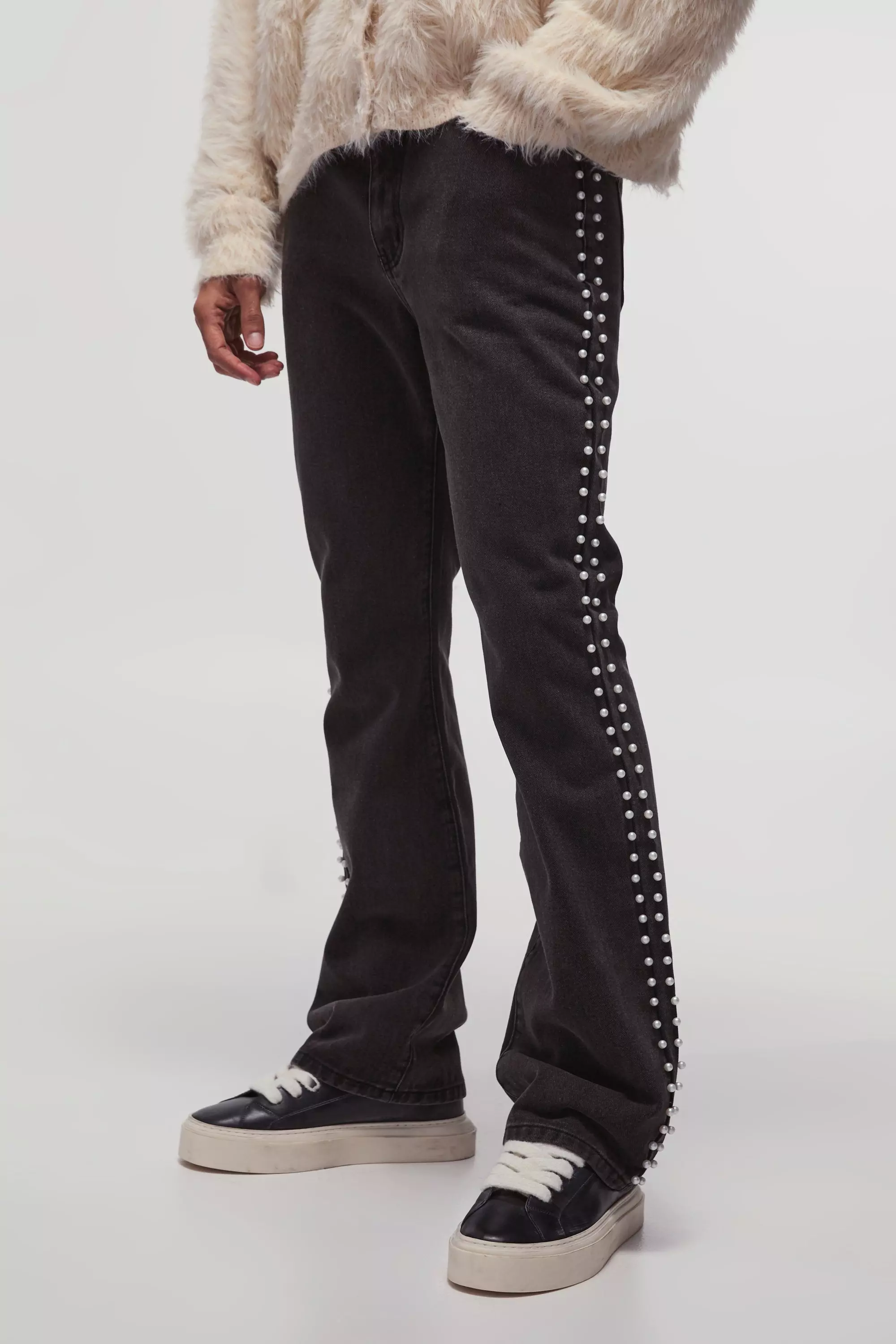 Purple Flared Slim Fit Jeans Met Parel Detail alternatieve afbeelding