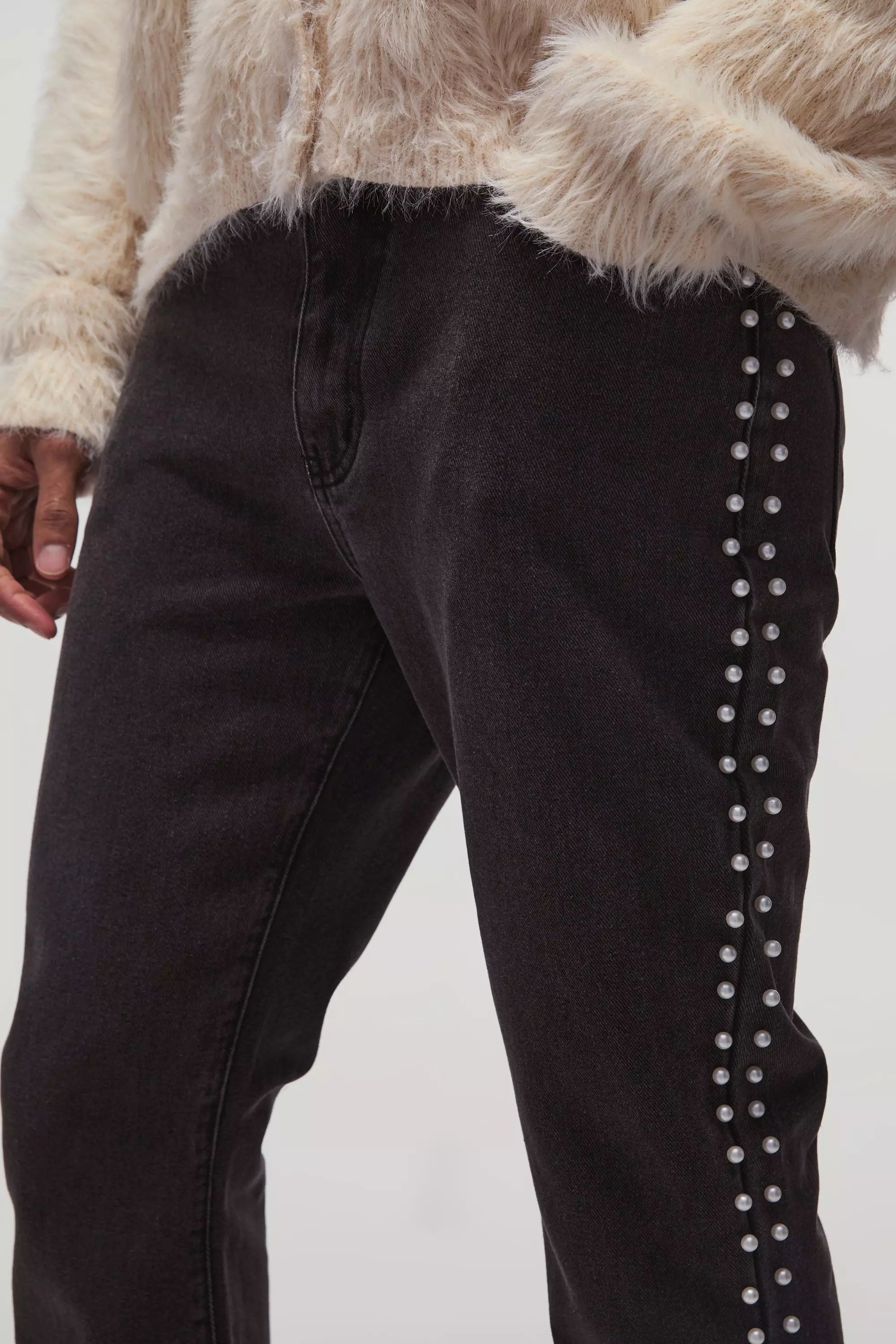Purple Flared Slim Fit Jeans Met Parel Detail alternatieve afbeelding
