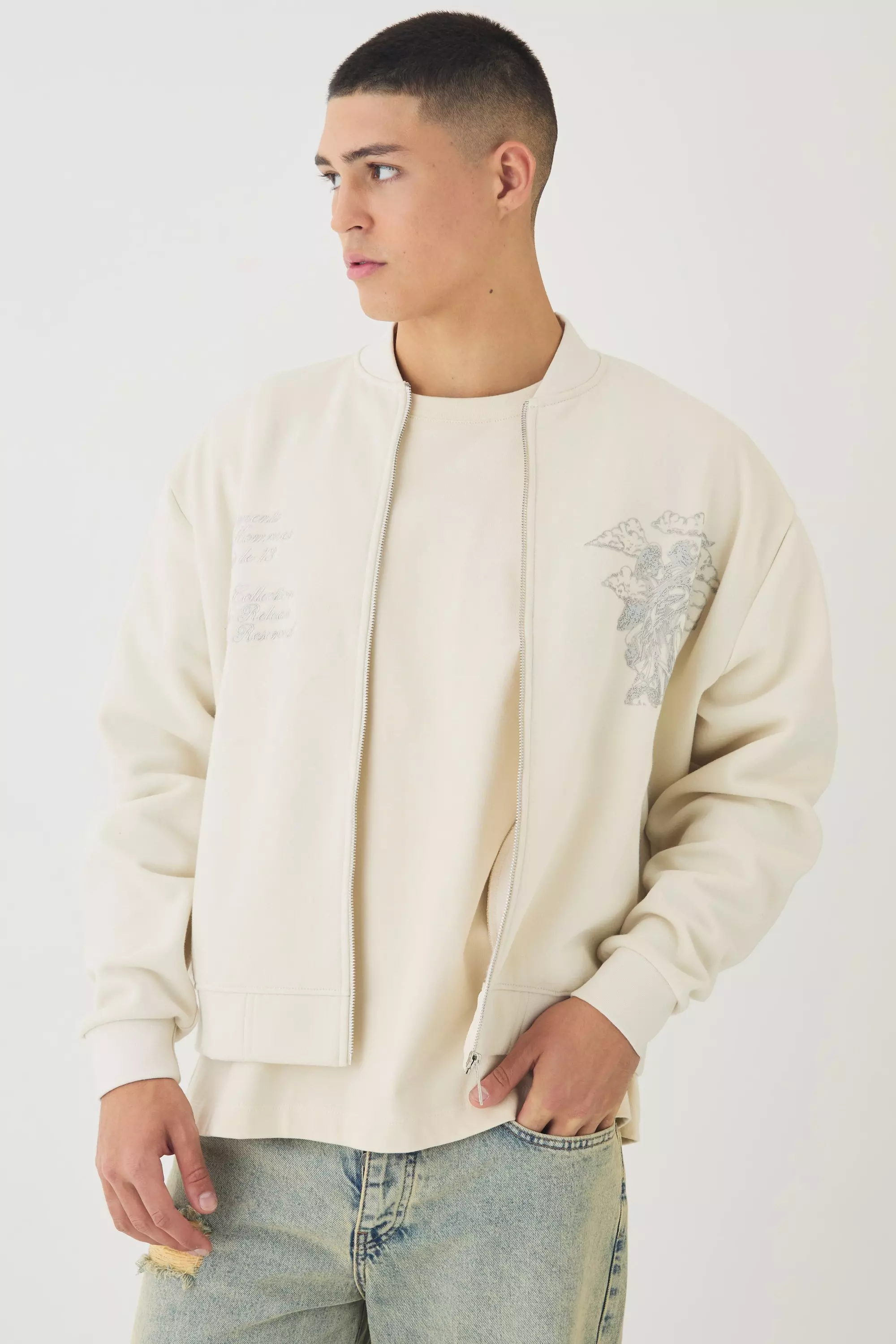 Kastige Oversize Bomberjacke mit Gloss Print, Ecru alternatives Bild