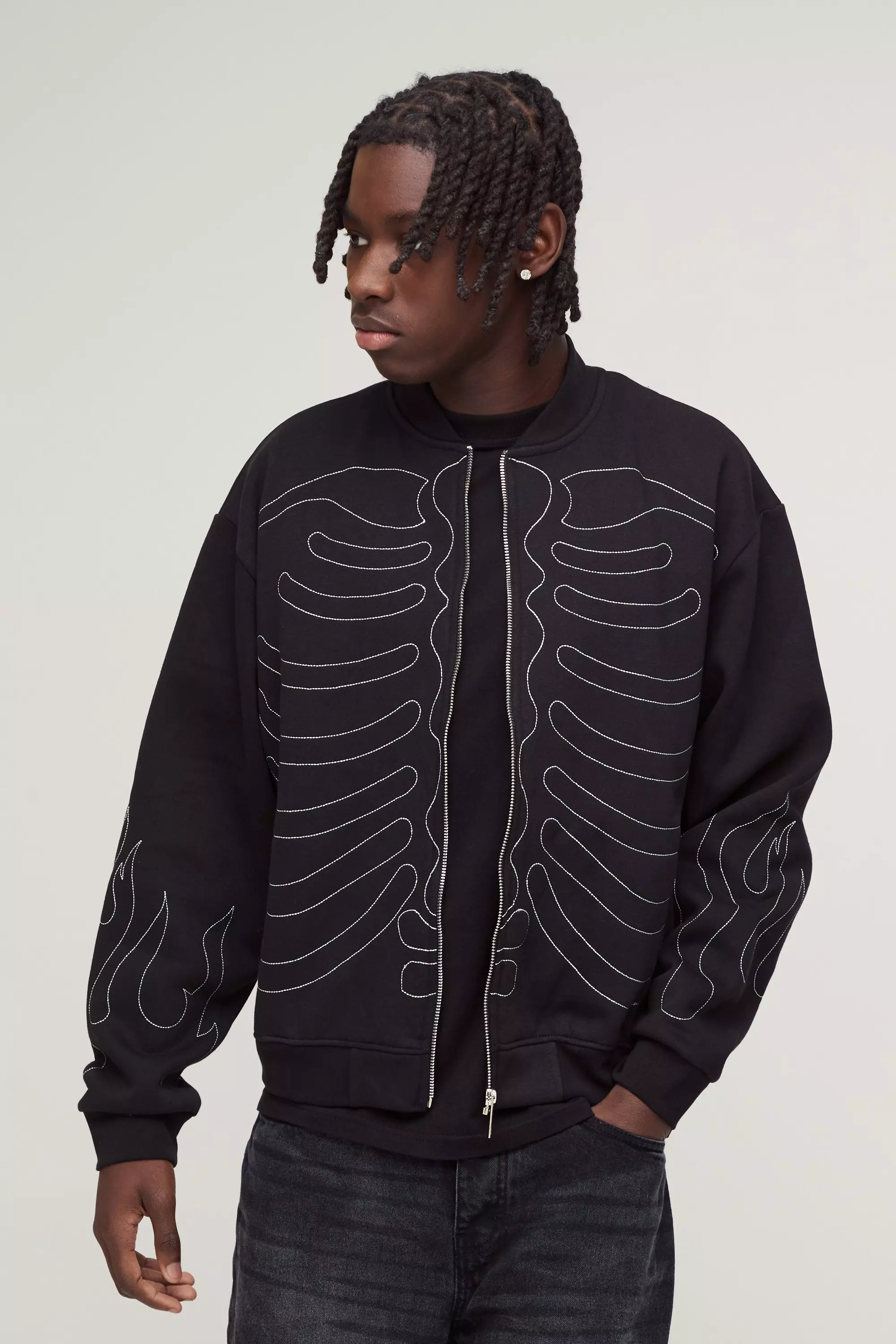 Oversized Boxy Contrast Stitch Skull Applique Bomber Jacket Black