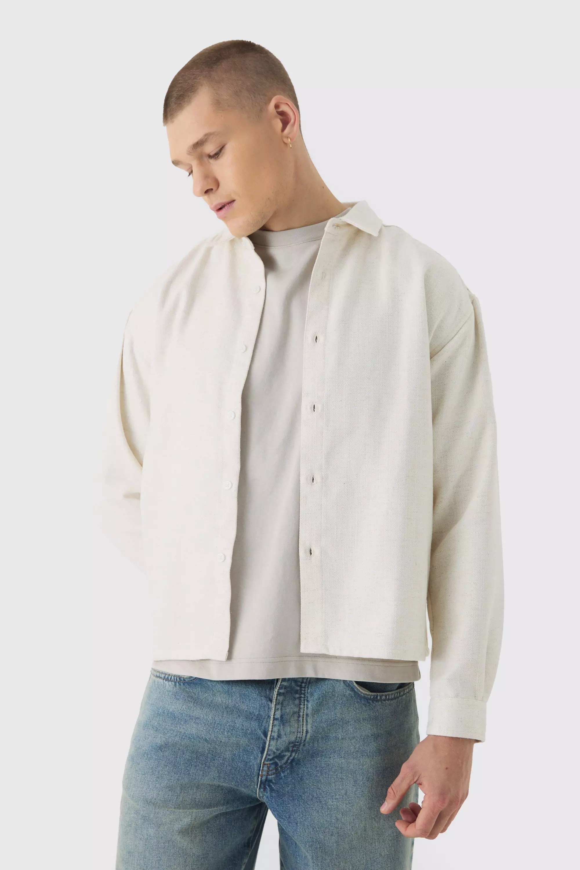 Herringbone Textured Overshirt Ecru