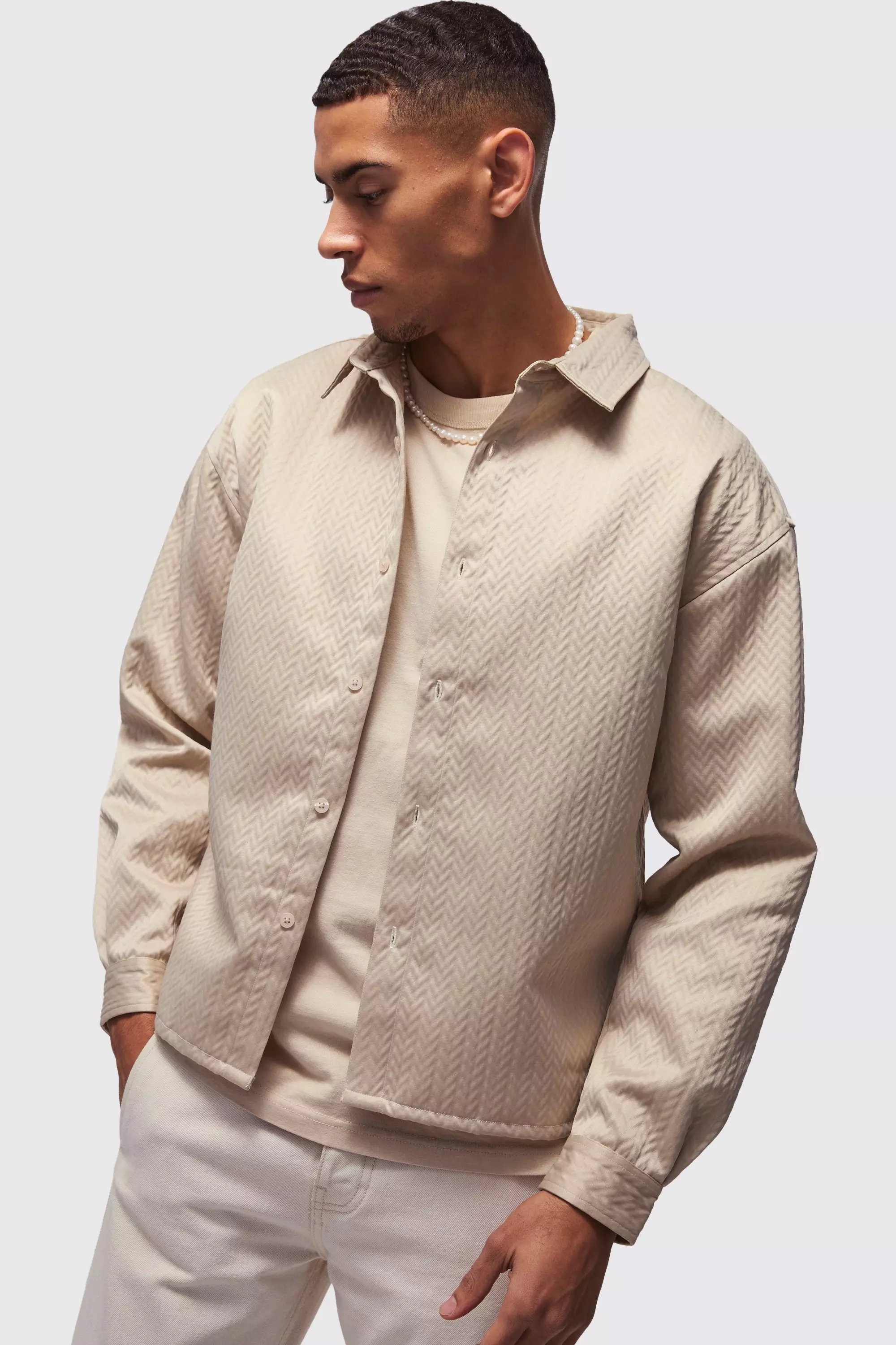 Oversized Boxy Herringbone Overshirt Ecru