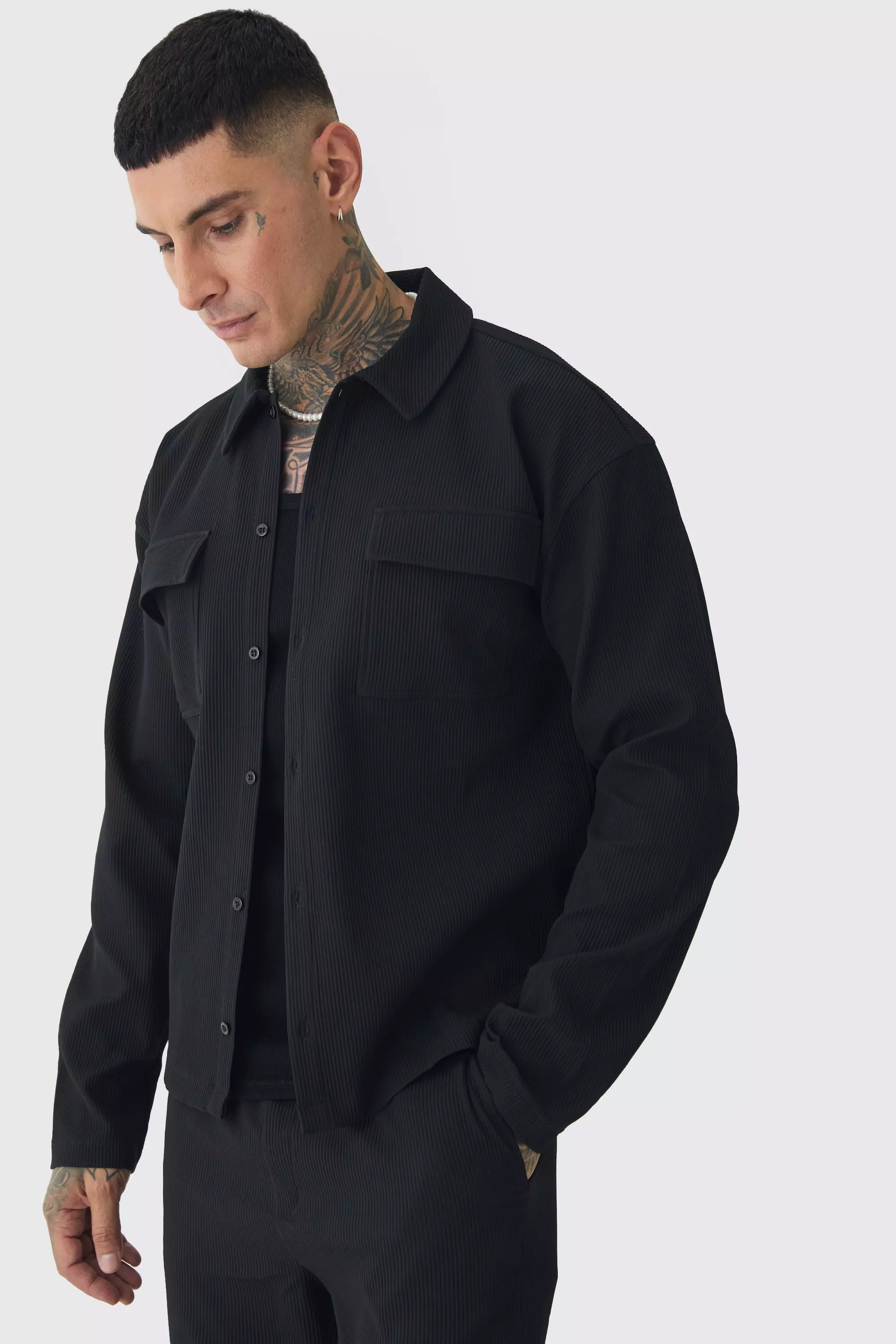 Tall Pleated Cargo Overshirt Black