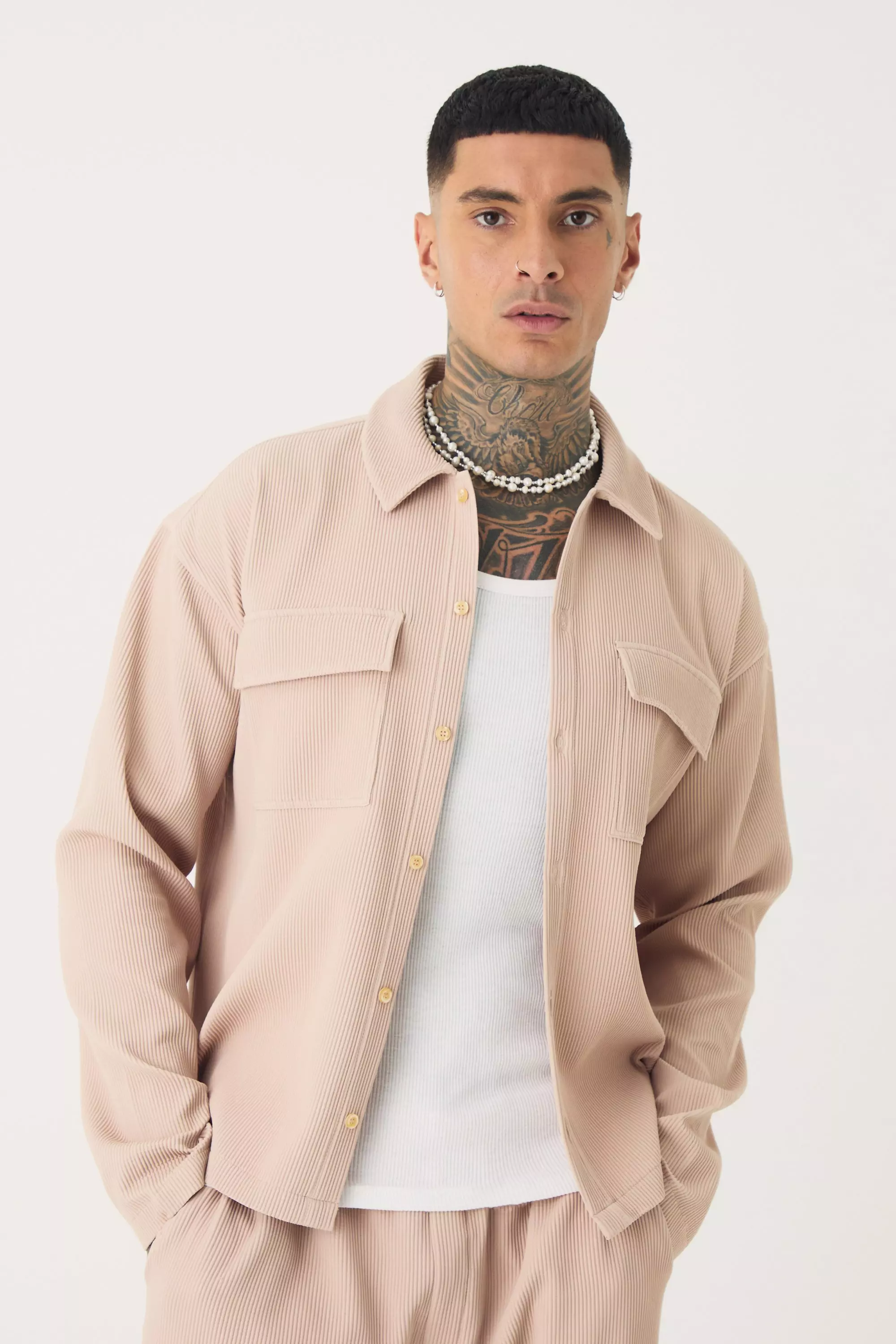 Tall Pleated Cargo Overshirt Taupe