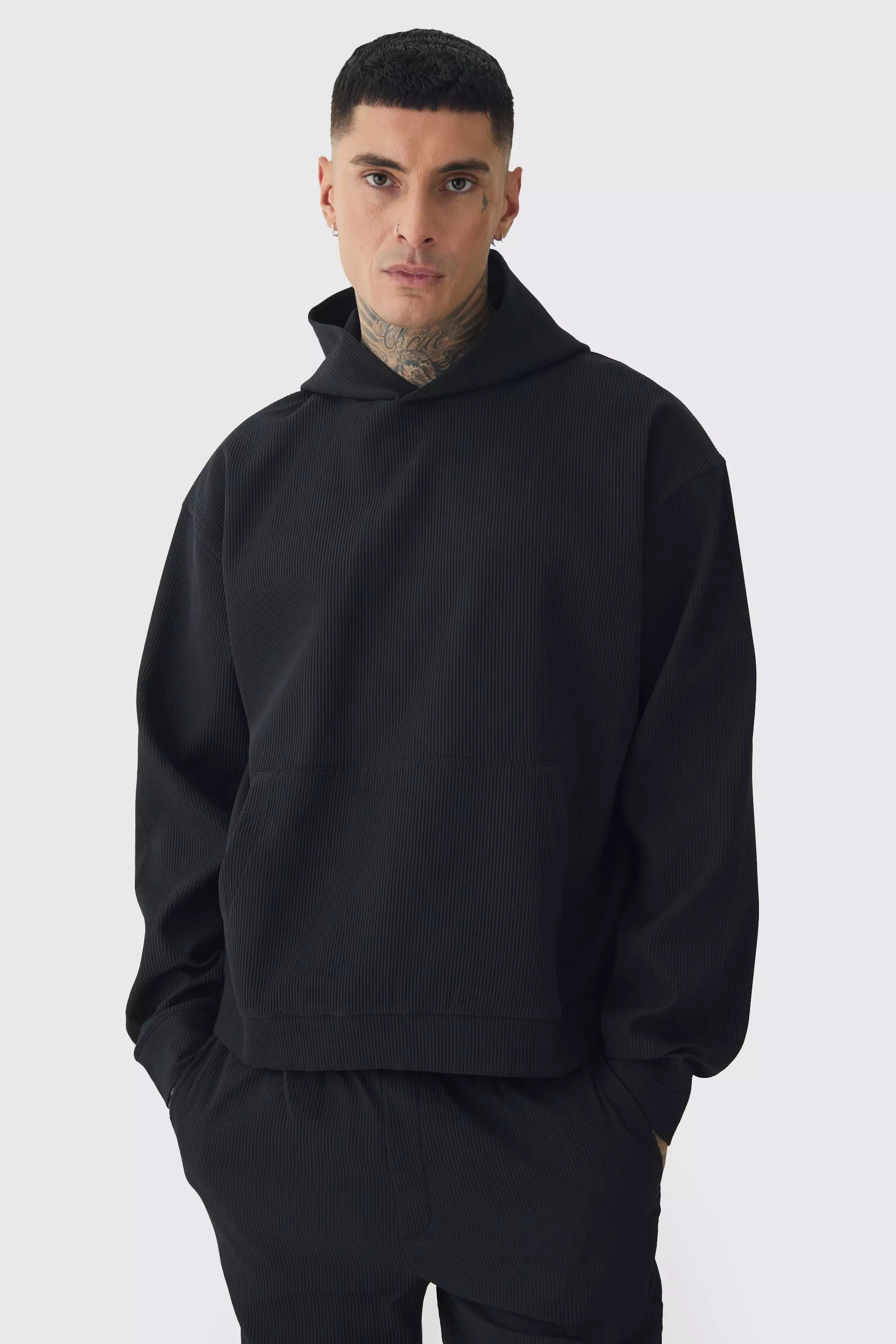Black Tall Oversized Plisse Boxy Hoodie alternatieve afbeelding