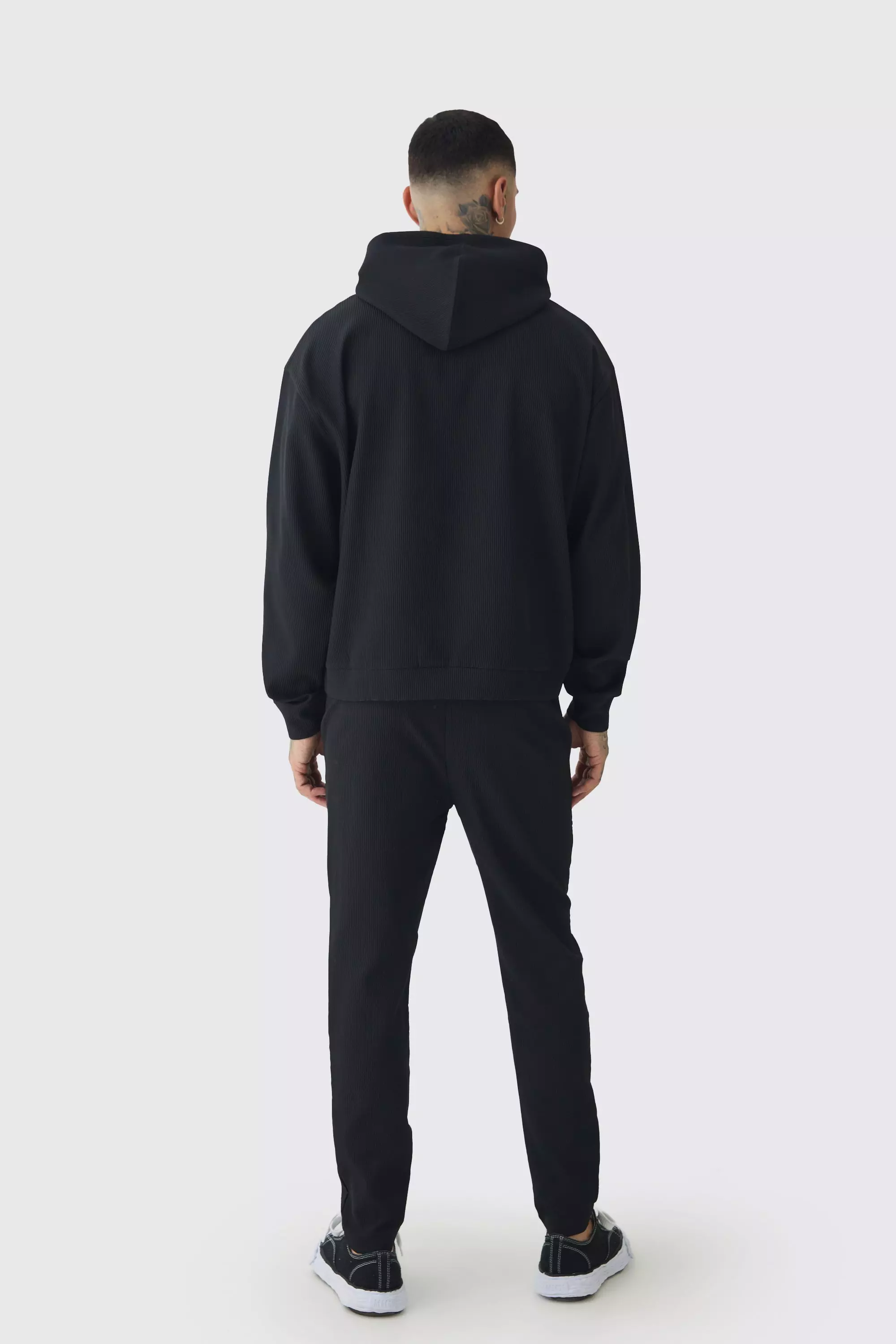 Black Tall Oversized Plisse Boxy Hoodie alternatieve afbeelding