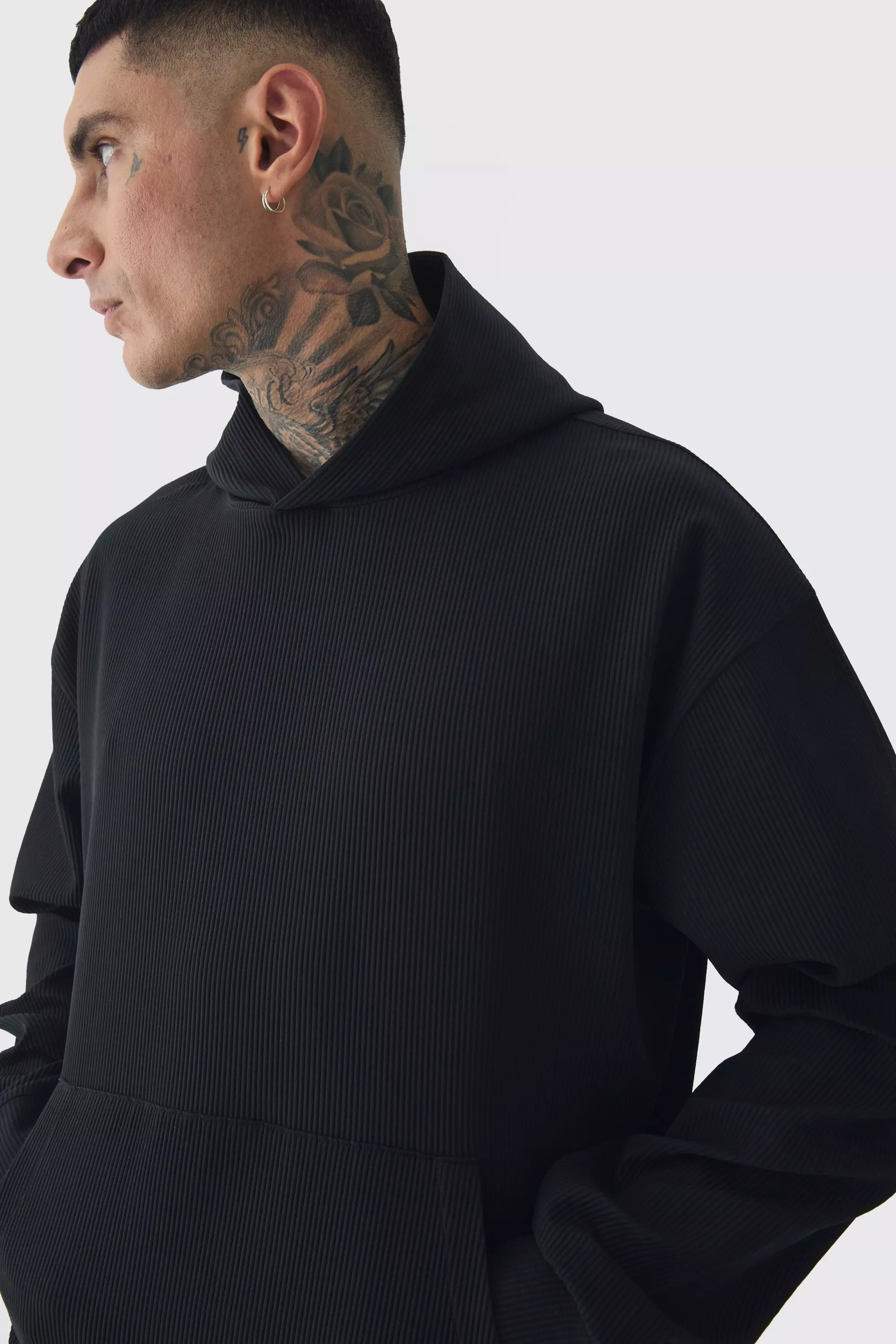 Black Tall Oversized Plisse Boxy Hoodie alternatieve afbeelding