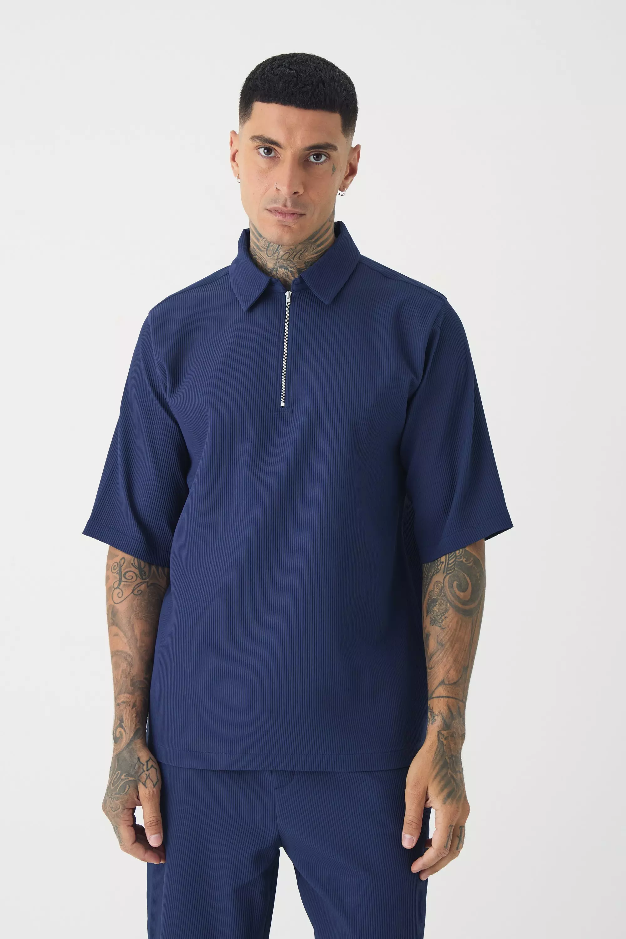 Tall Pleated Zip Up Polo Shirt Navy