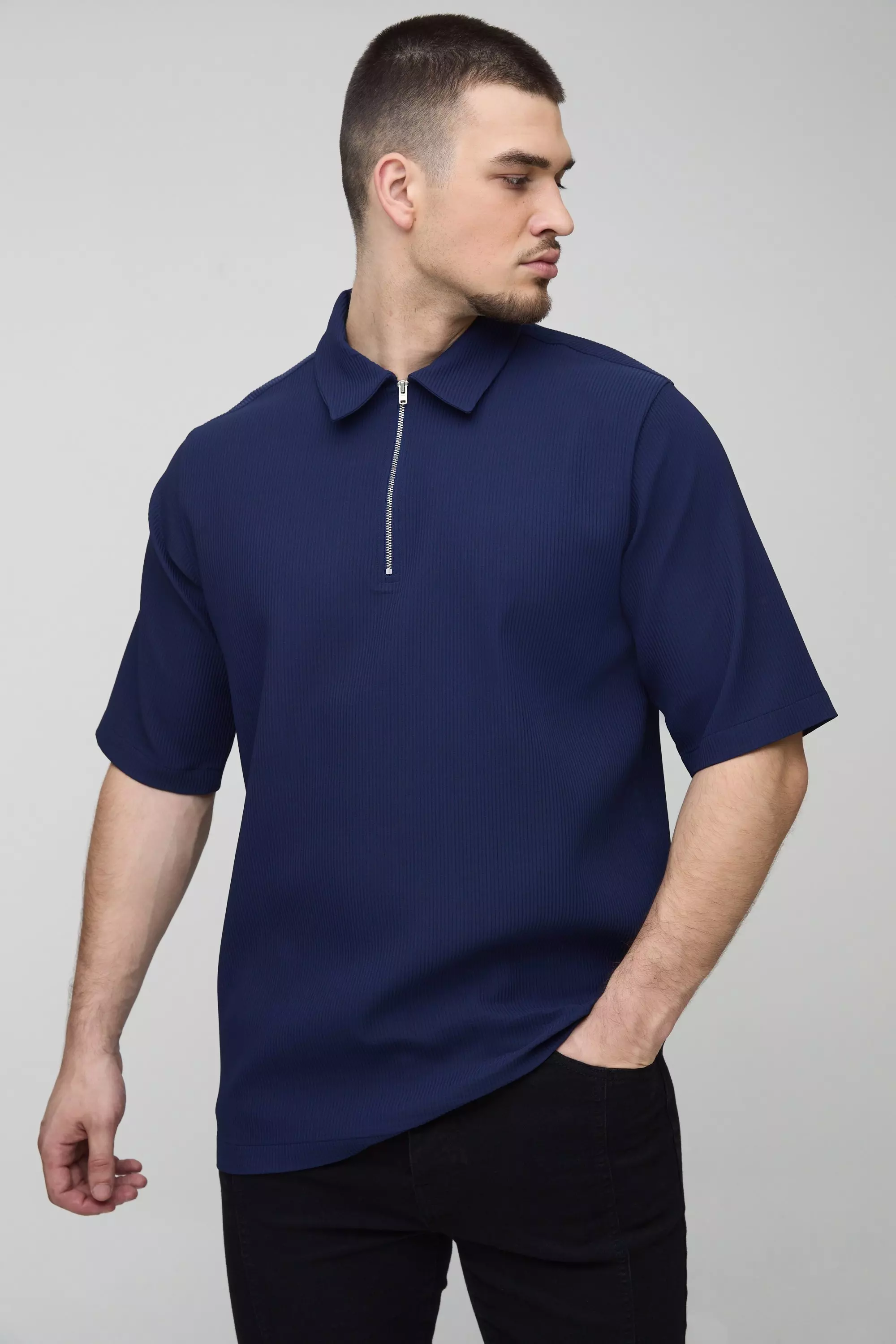 Tall Pleated Zip Up Polo Shirt boohooMAN UK