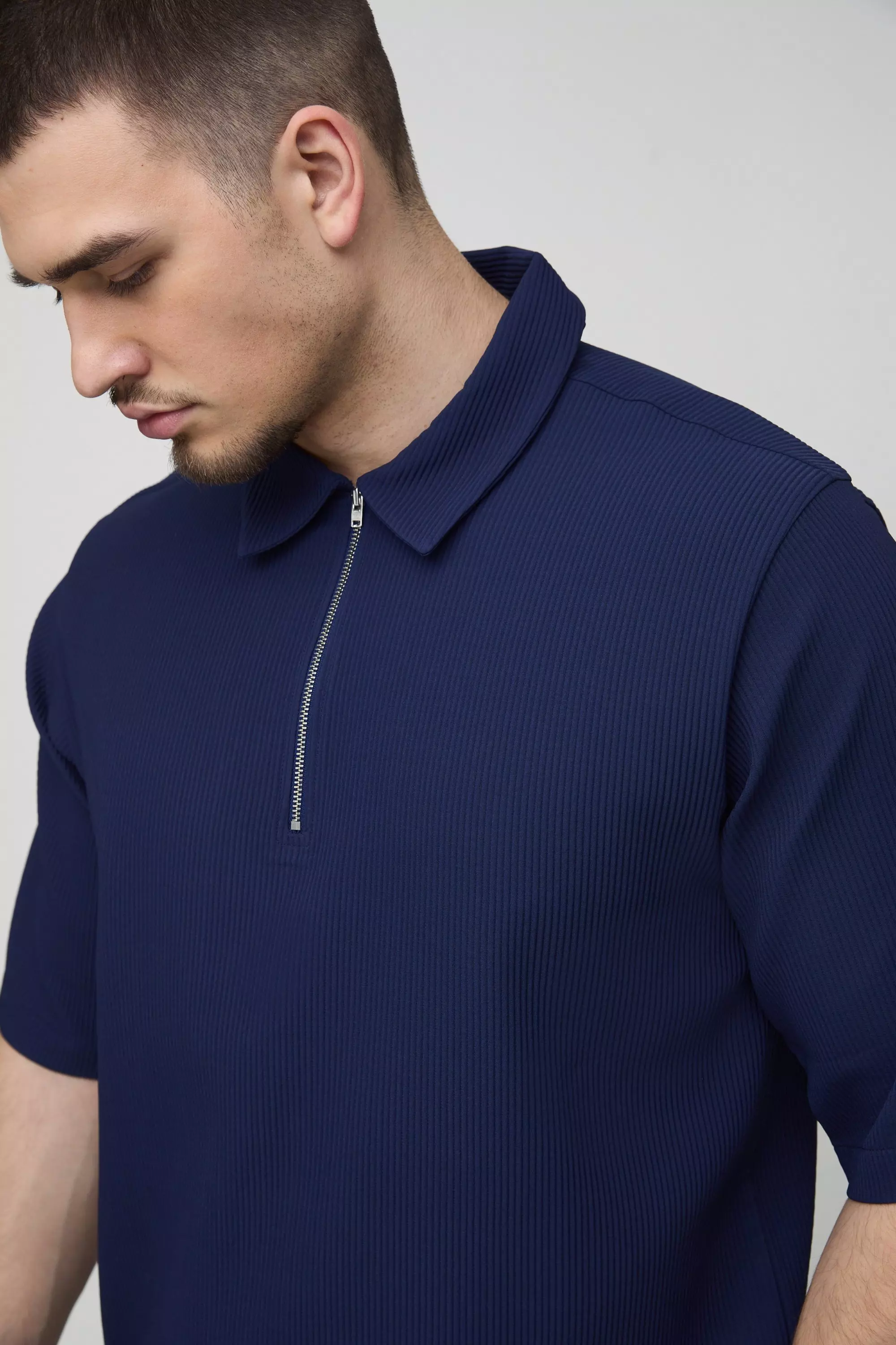 Navy Tall Pleated Zip Up Polo Shirt alternative image