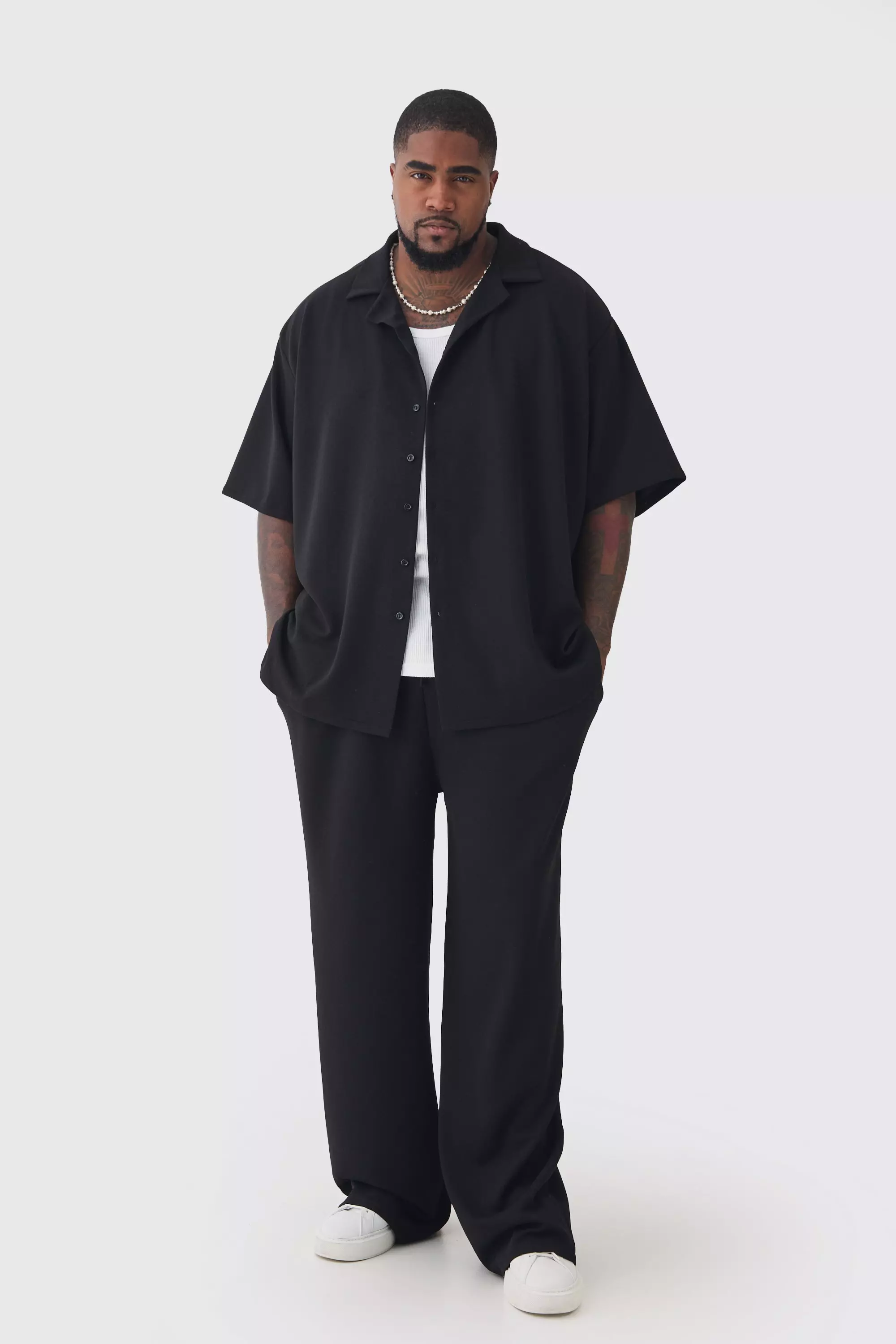 Plus Scuba Twill Oversized Shirt & Pants Set Black