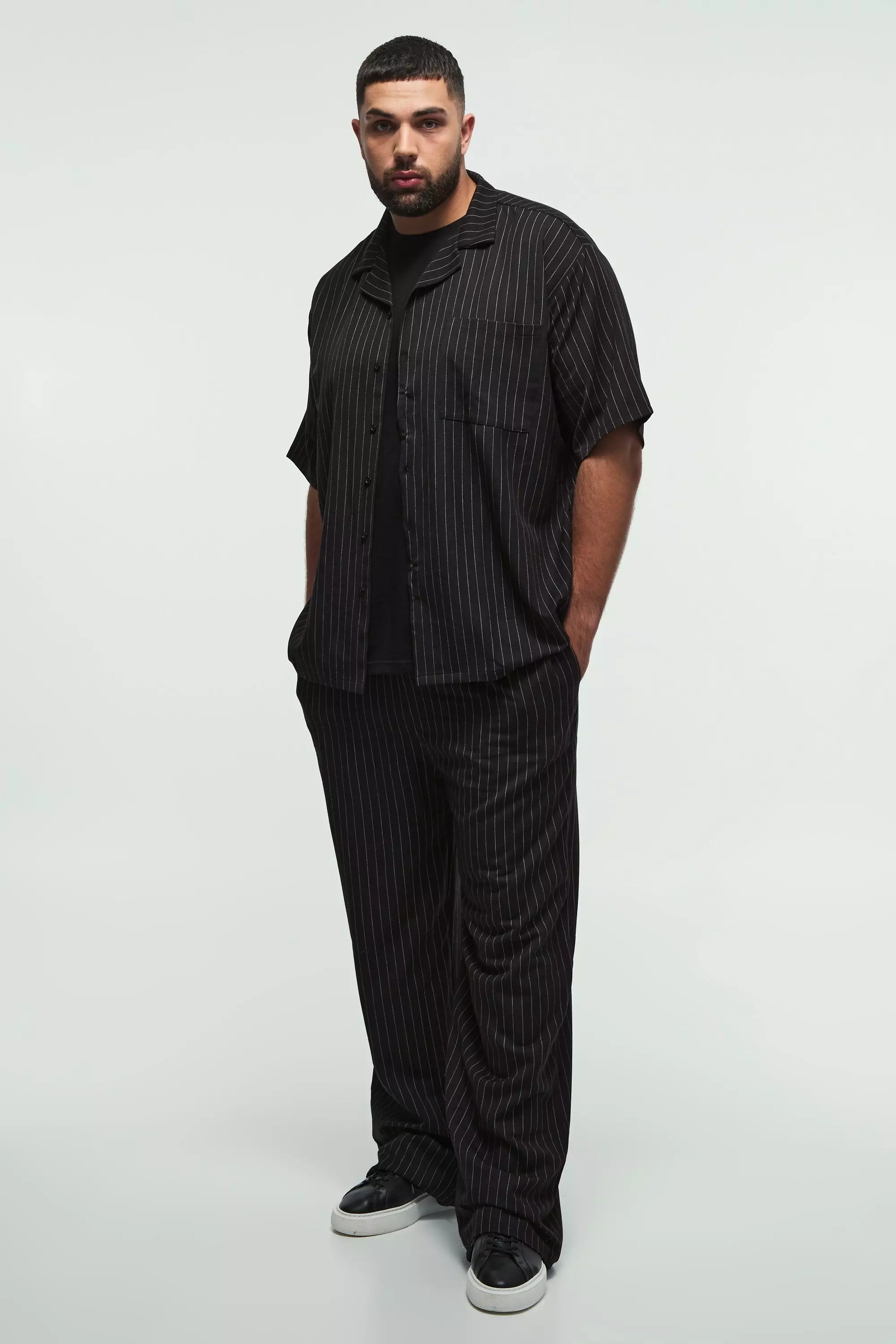 Black Plus Pinstripe Revere Shirt & Relaxed Trouser Set alternative image