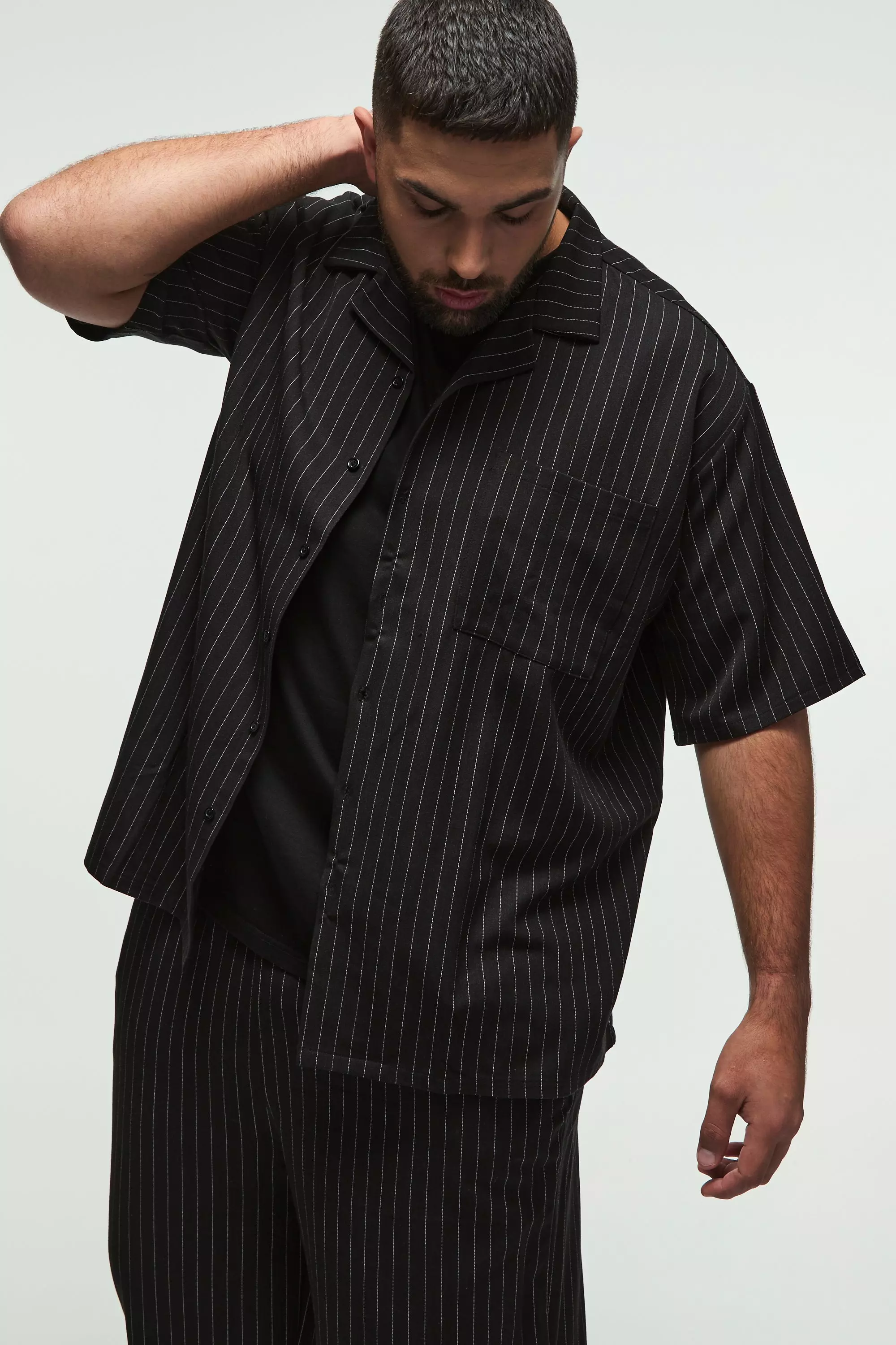 Black Plus Pinstripe Revere Shirt & Relaxed Trouser Set alternative image