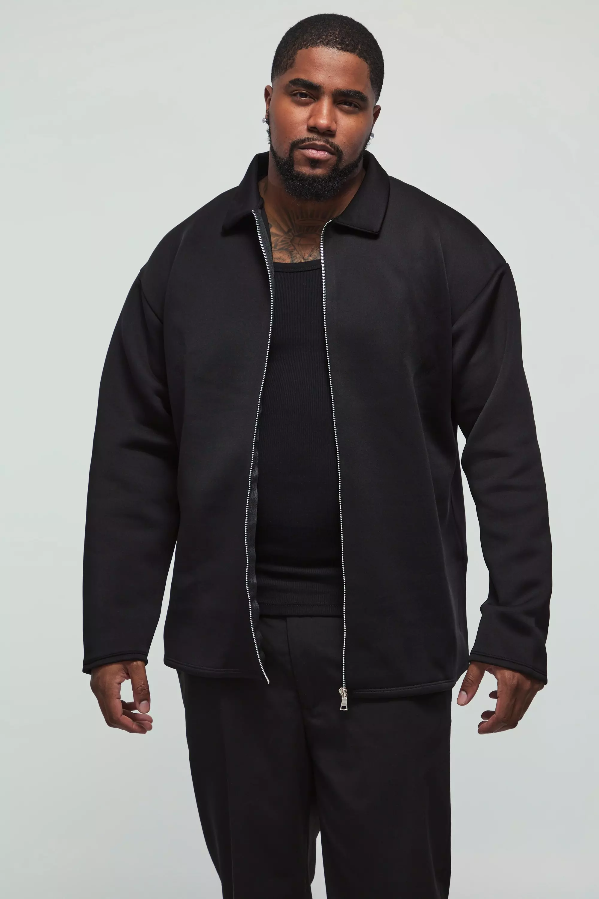 Black Plus Bonded Scuba Zip Through Overshirt