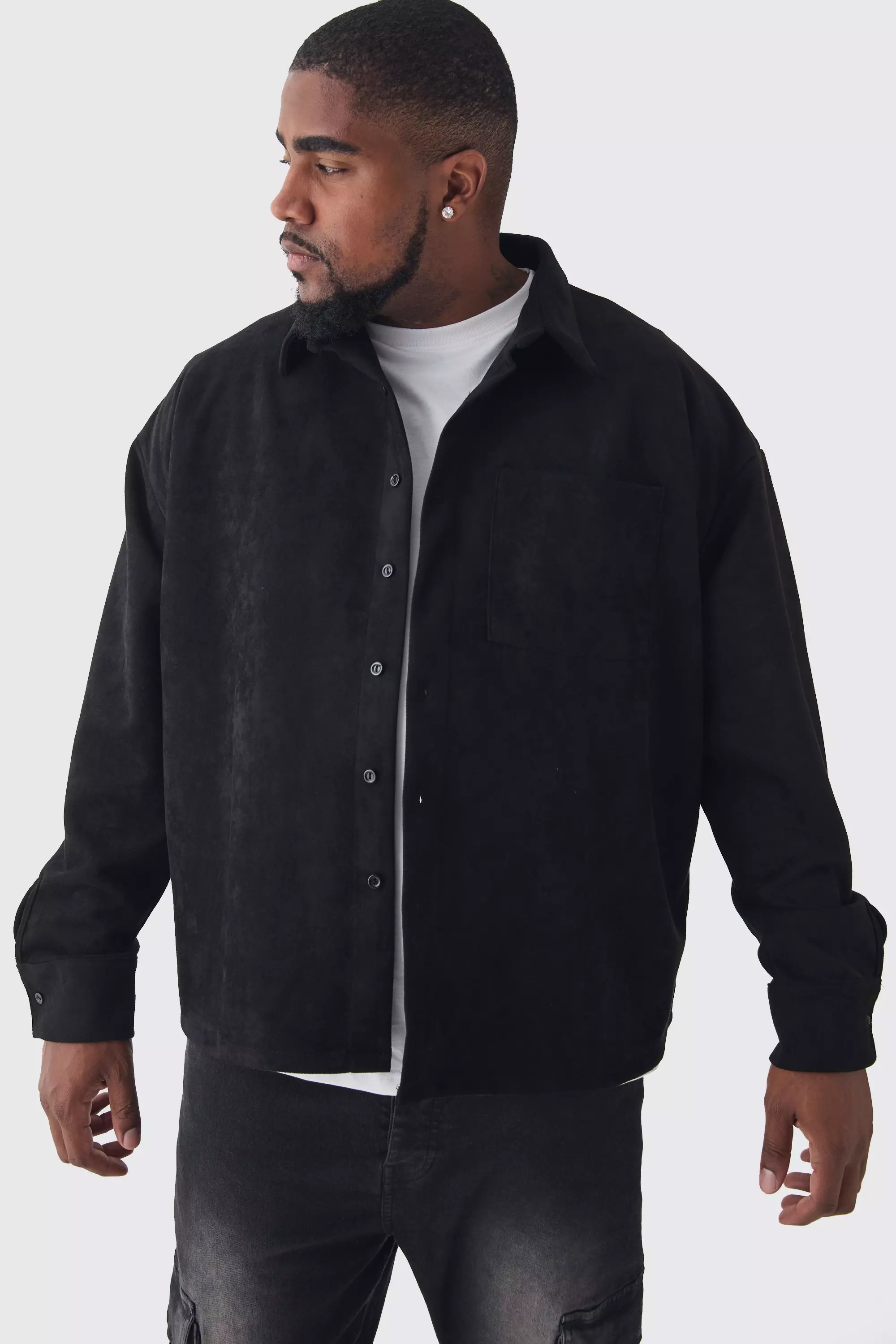 Plus Faux Suede Button Through Overshirt Black