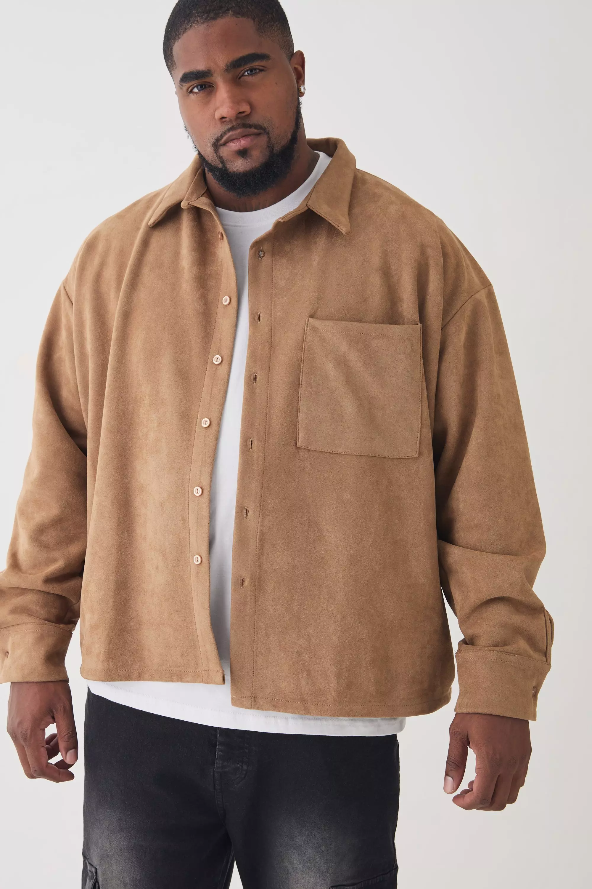 Plus Faux Suede Button Through Overshirt Tan