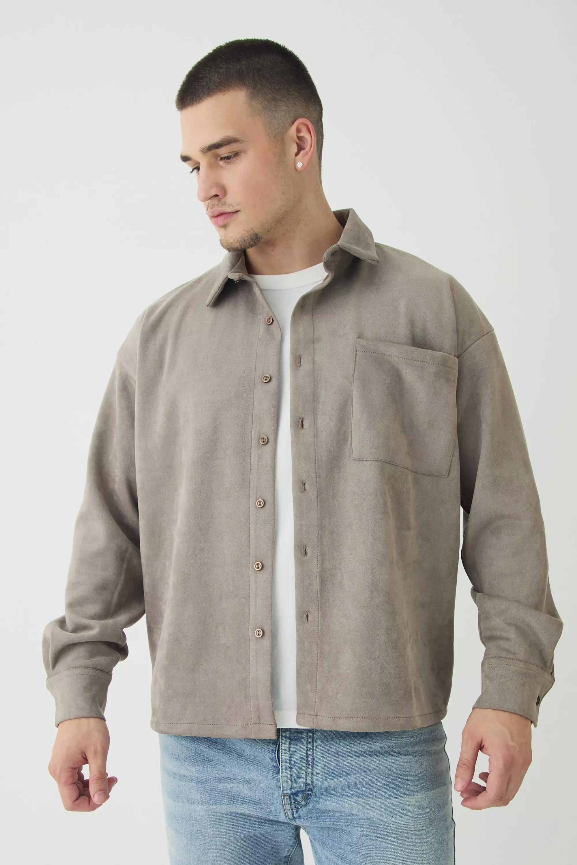 Tall Faux Suede Button Through Overshirt Taupe