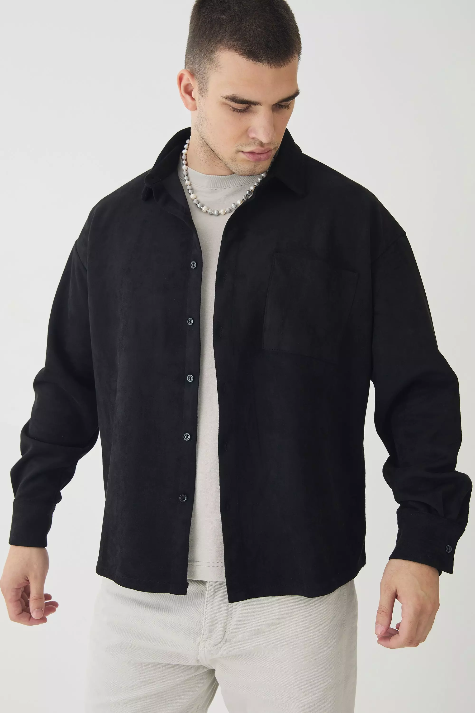 Tall Faux Suede Button Through Overshirt Black