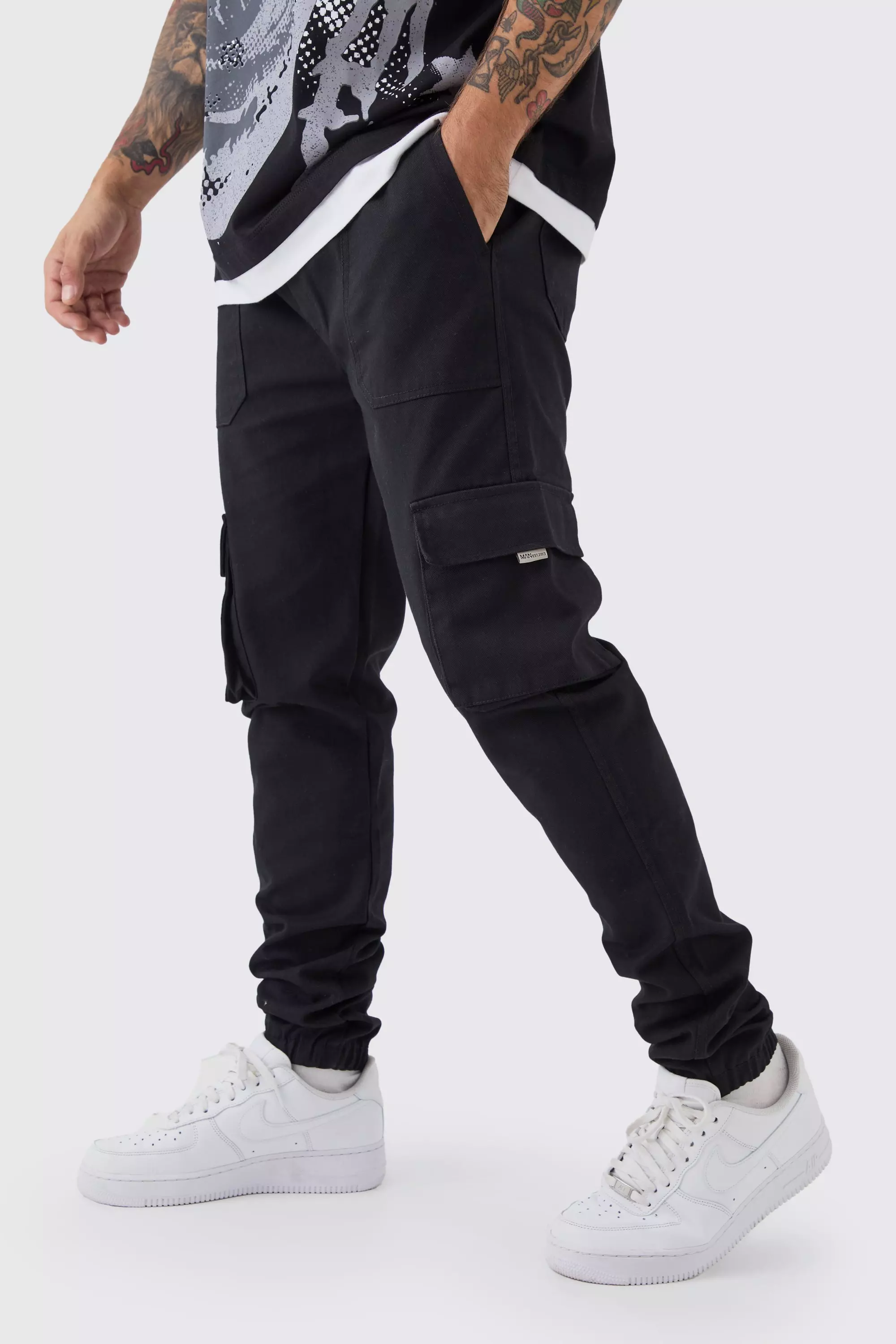 Black Skinny Fit Elasticated Waist Cuffed Cargo Pants