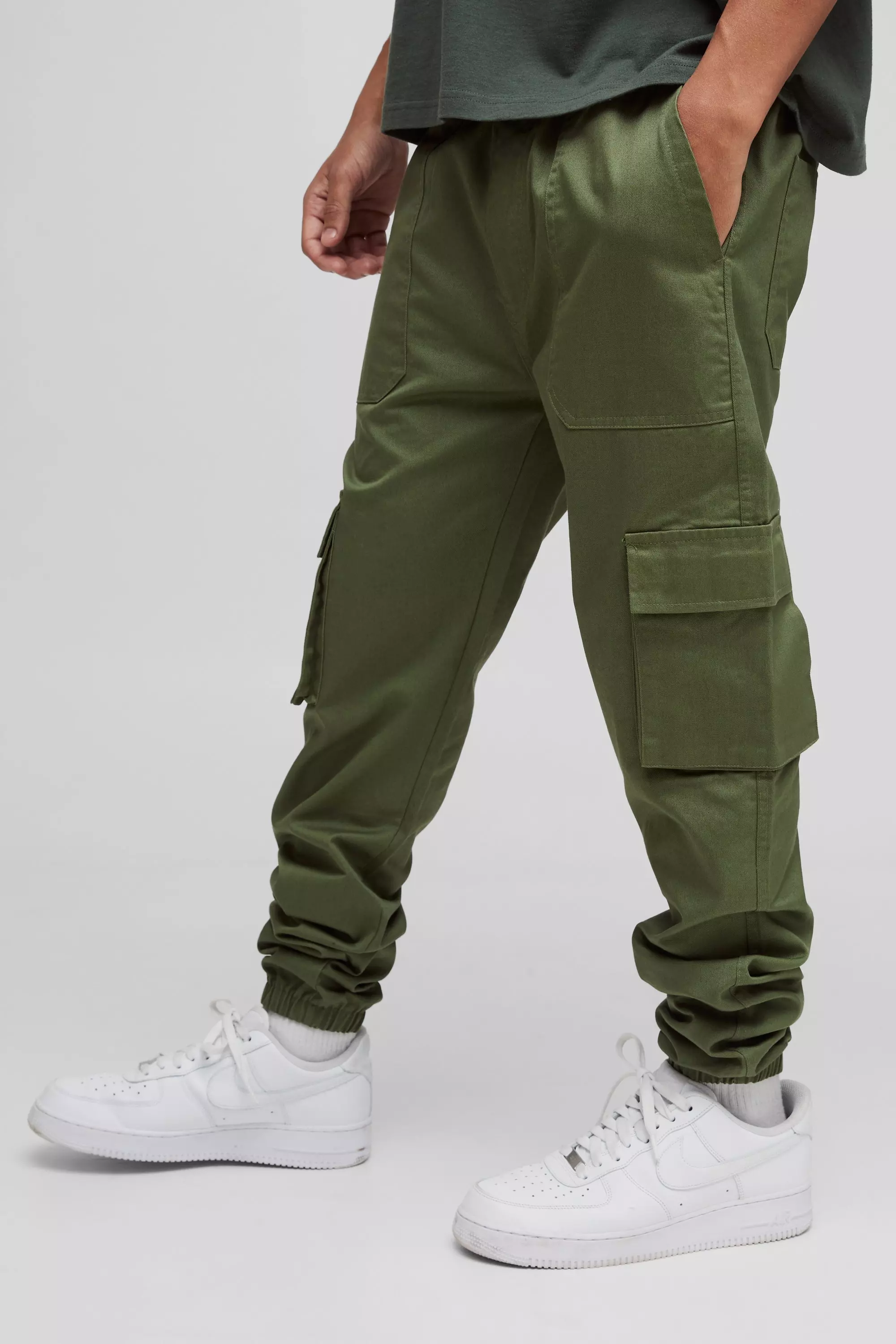 Khaki Skinny Fit Elasticated Waist Cuffed Cargo Trousers