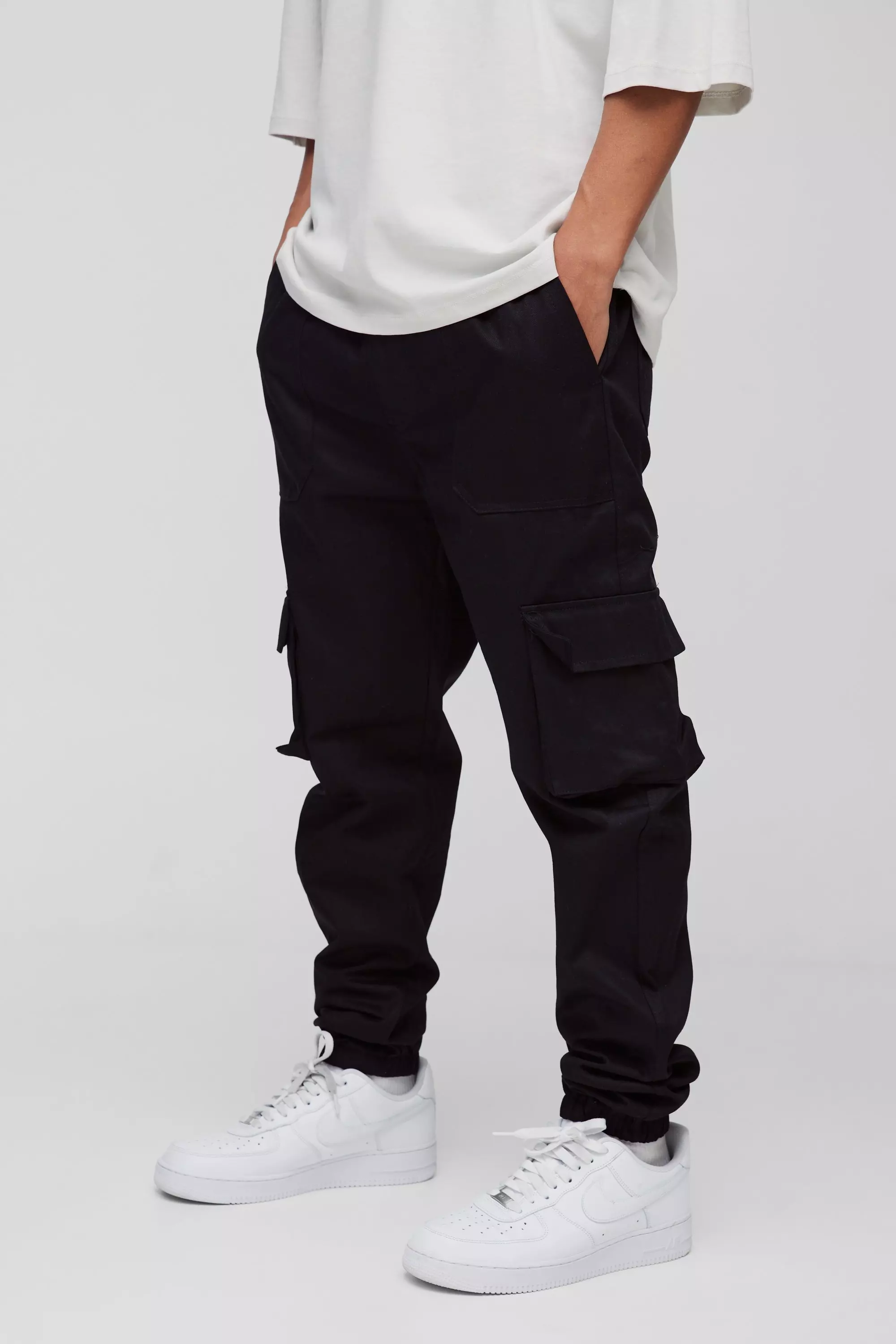 Black Skinny Fit Elasticated Waist Cuffed Cargo Trousers