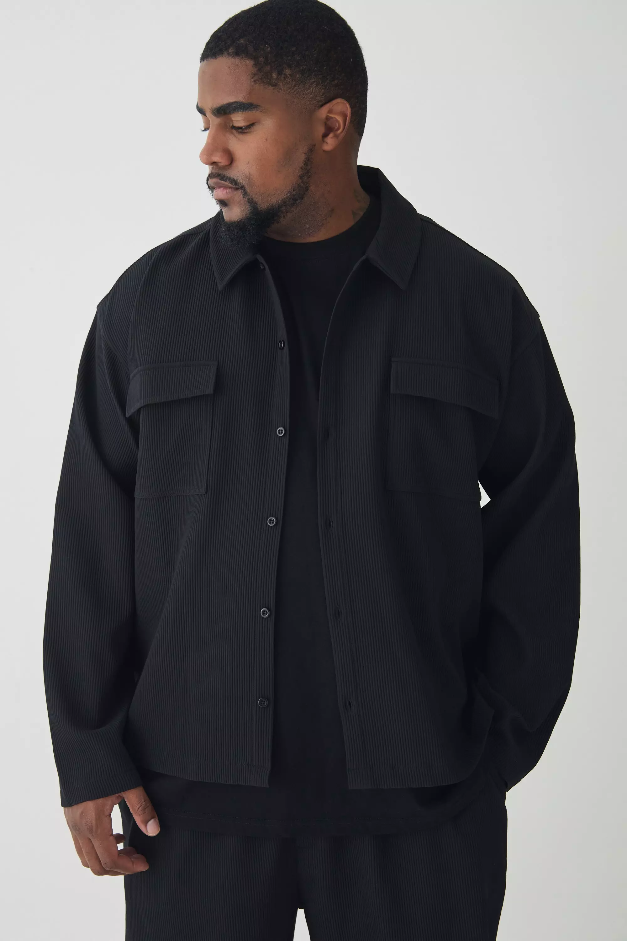 Plus Pleated Cargo Overshirt Black