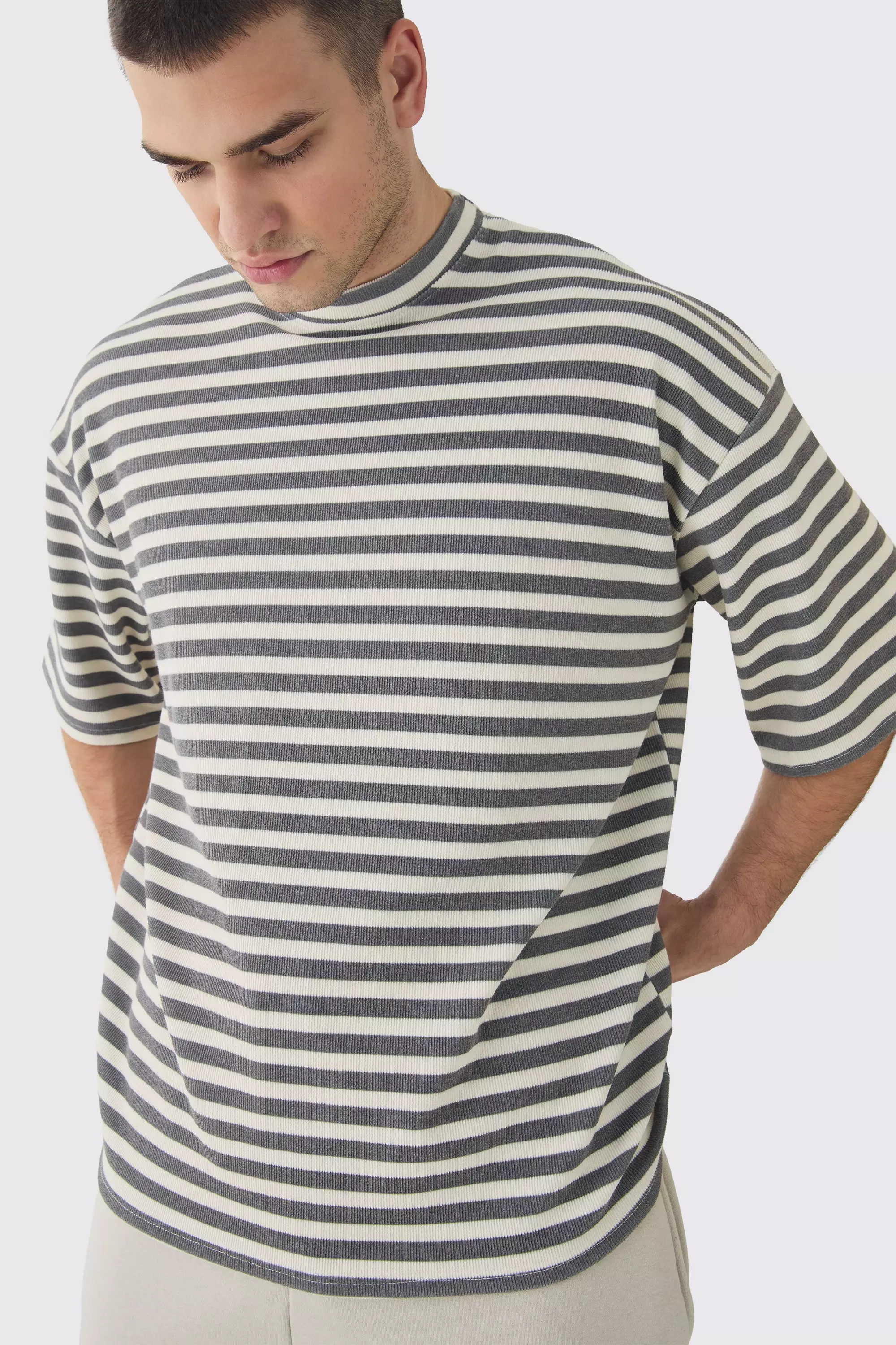 White Tall Stripe Compact Rib Boxy Oversized T-Shirt