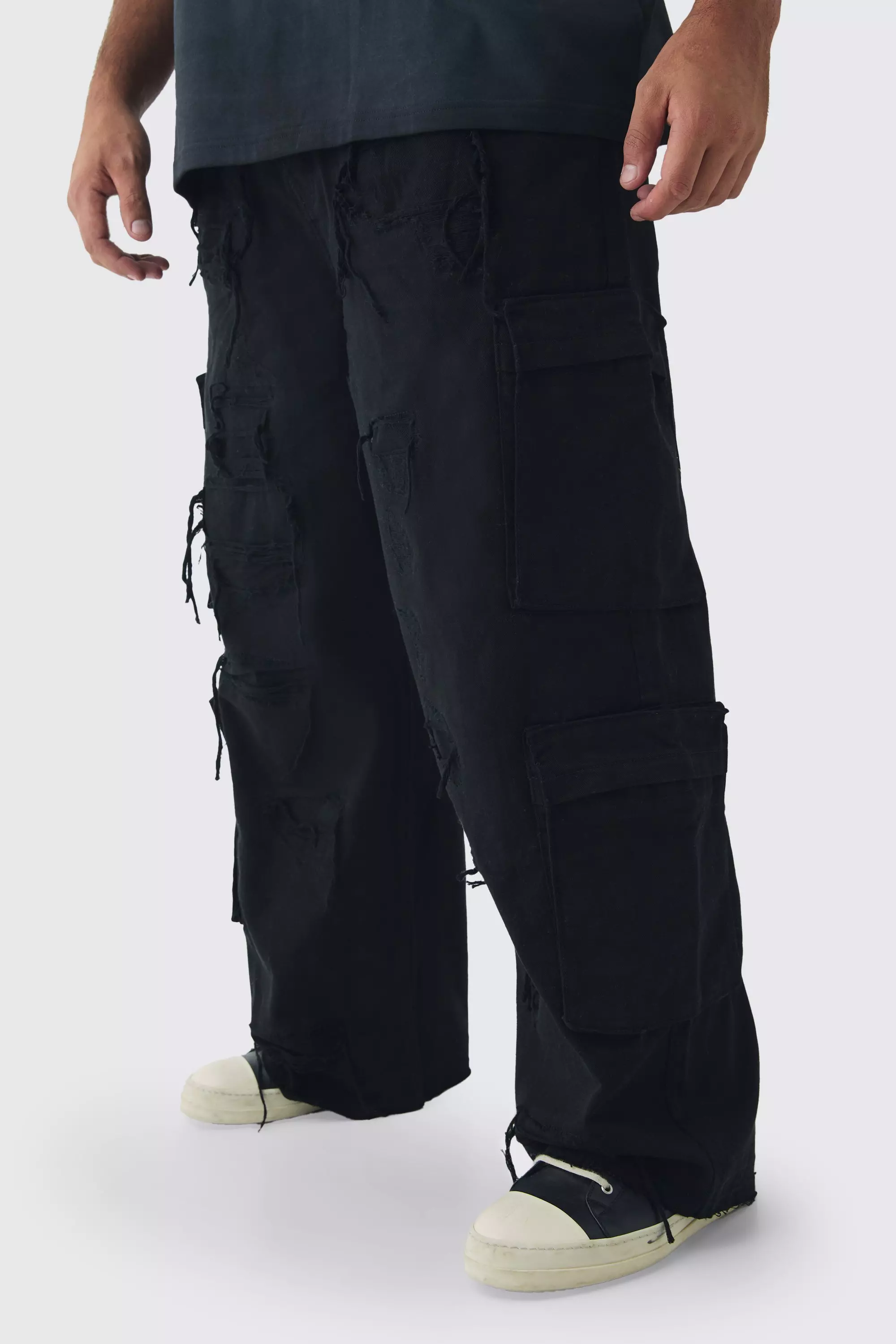 Black Plus Relaxed Fit Distressed Cargo Trousers alternative image
