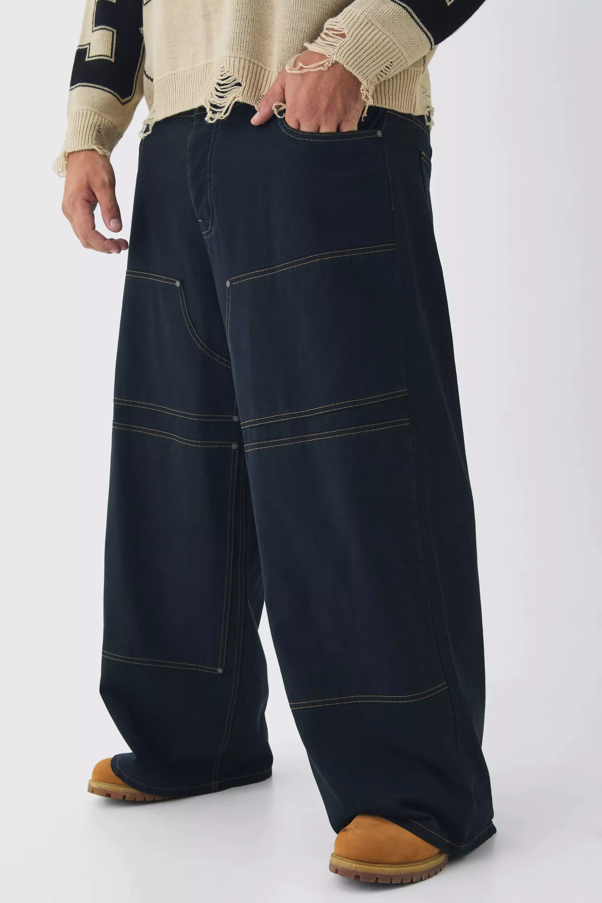 Plus Baggy Fit Contrast Stitch Carpenter Trousers in Black Black