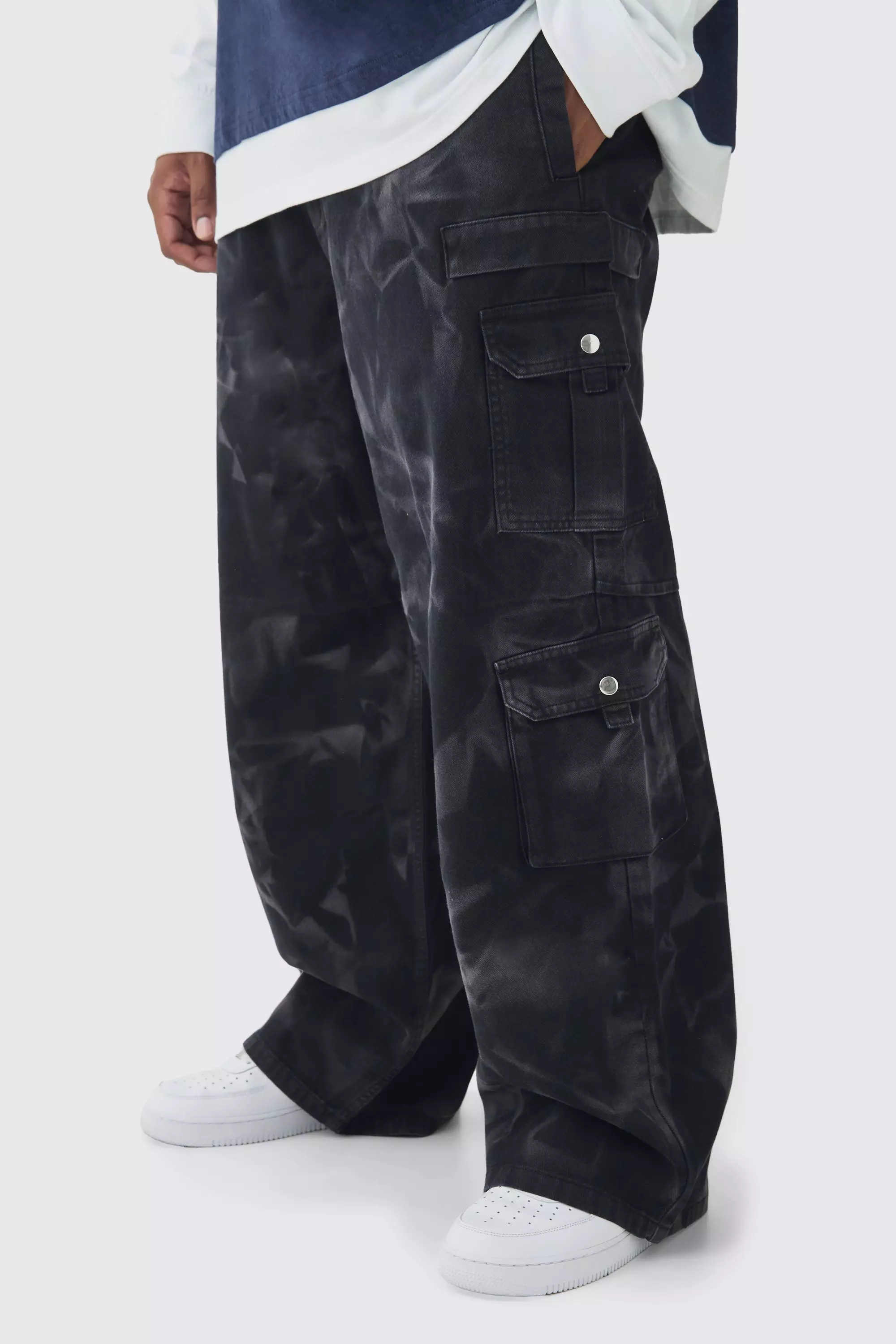 Plus Acid Wash Relaxed Fit Cargo Pants Black