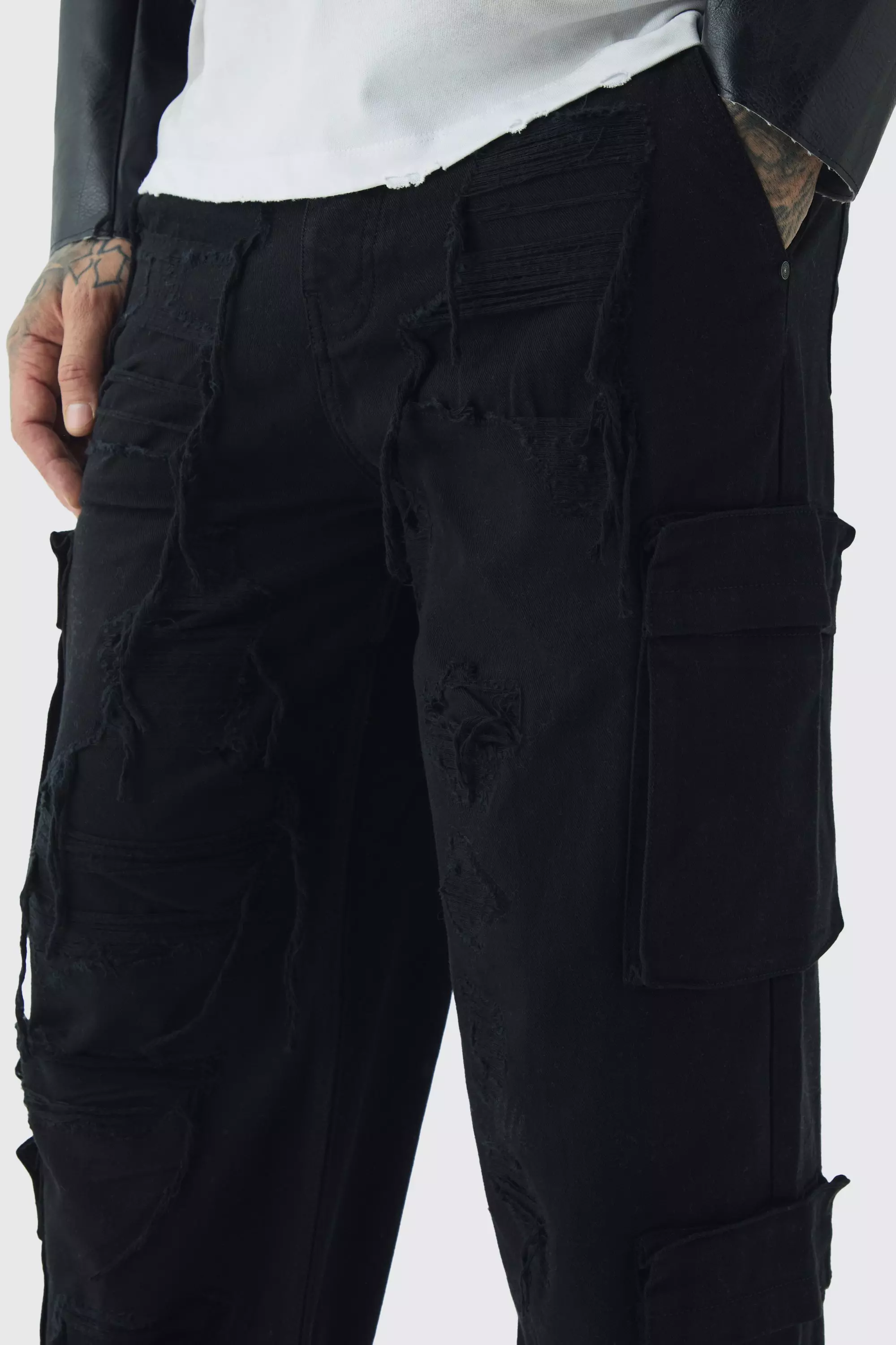 Black Tall Relaxed Fit Distressed Cargo Trousers alternative image