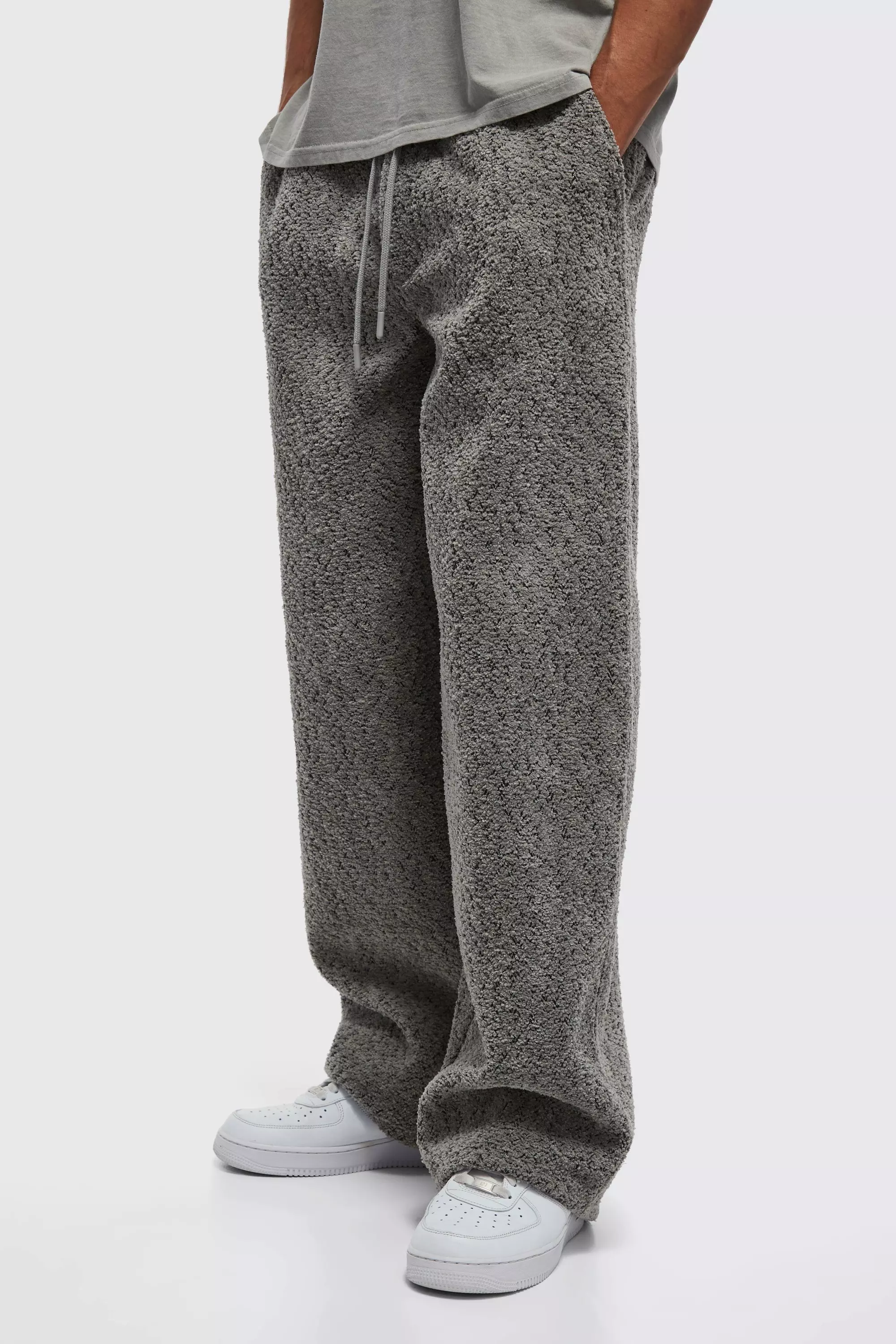 Elasticated Waist Straight Leg Heavyweight Textured Cargo Pants Grey