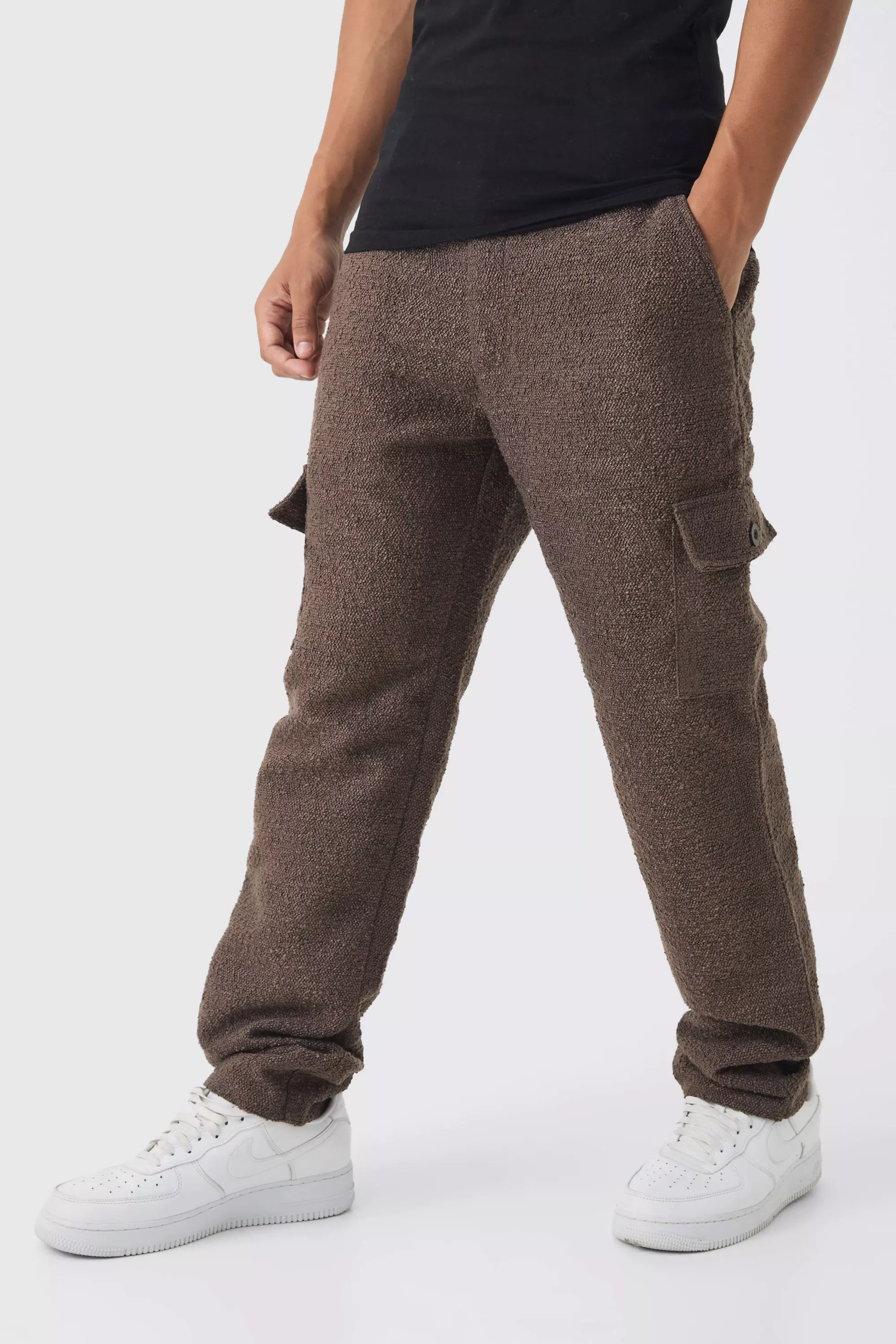 Chocolate Brown Fixed Waist Straight Leg Heavyweight Boucle Cargo Pants