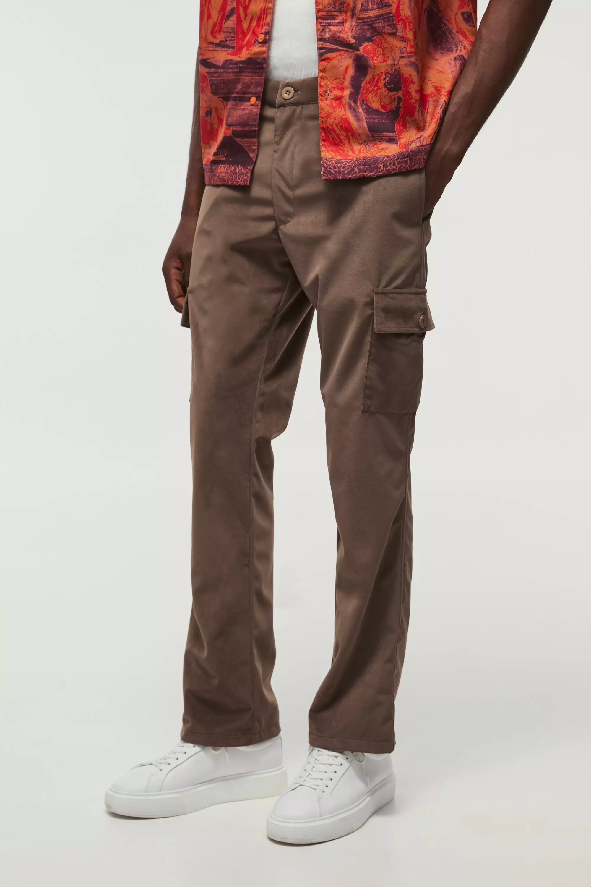 Chocolate Brown Fixed Waist Slim Flare Suede Cargo Pants