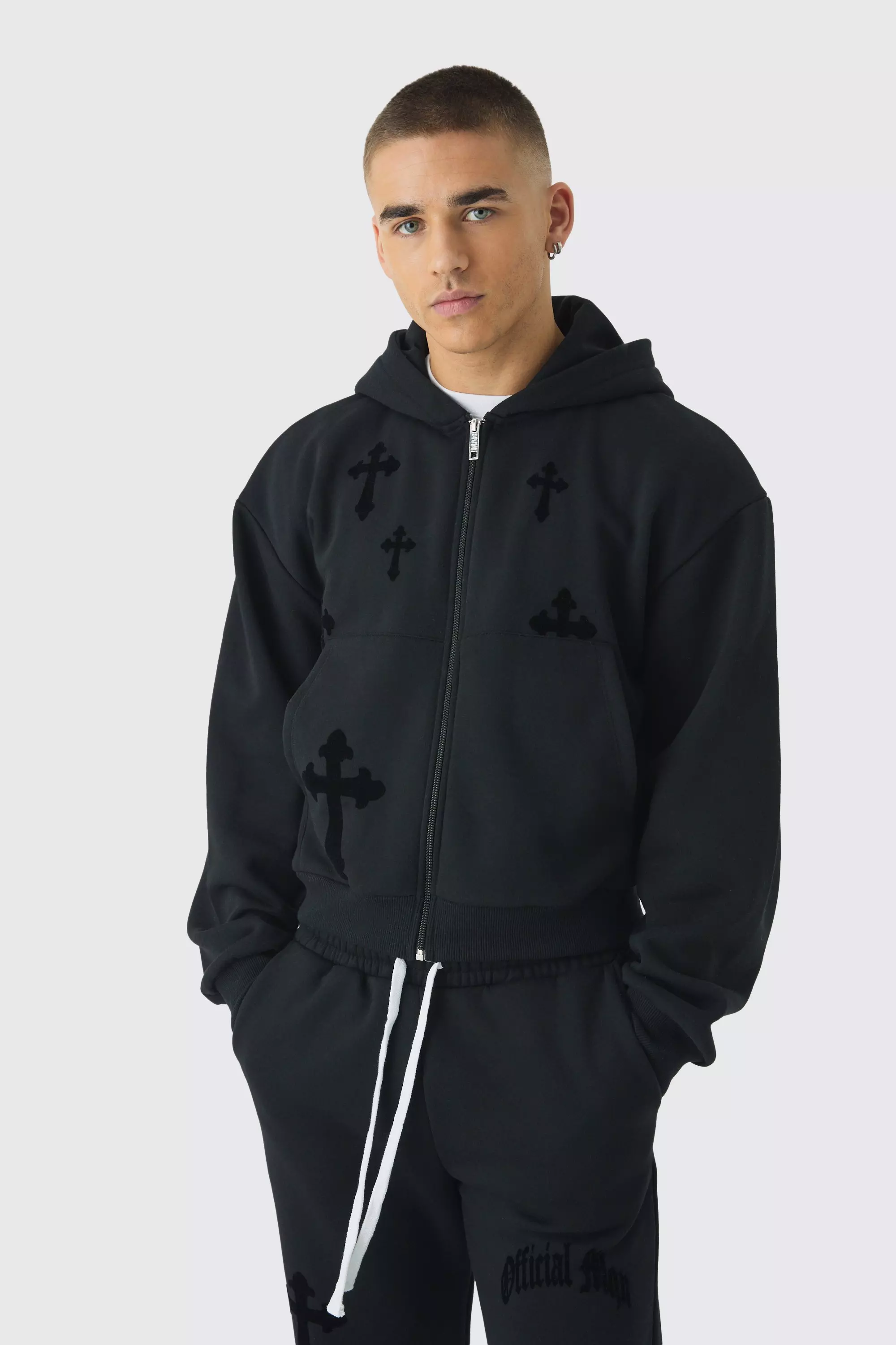 Shrunken Zip Through Flocked Cross Hoodie Black