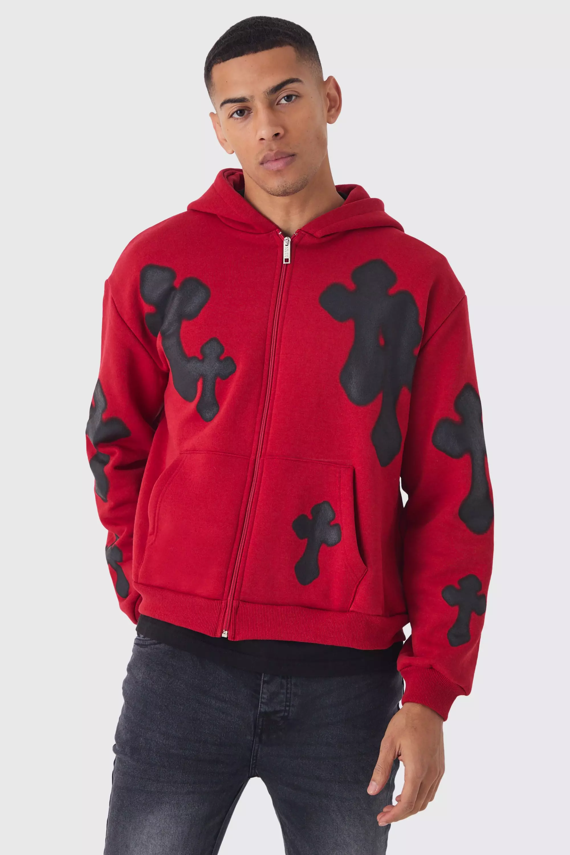 Oversized Boxy Spray Cross Zip Through Hoodie Red