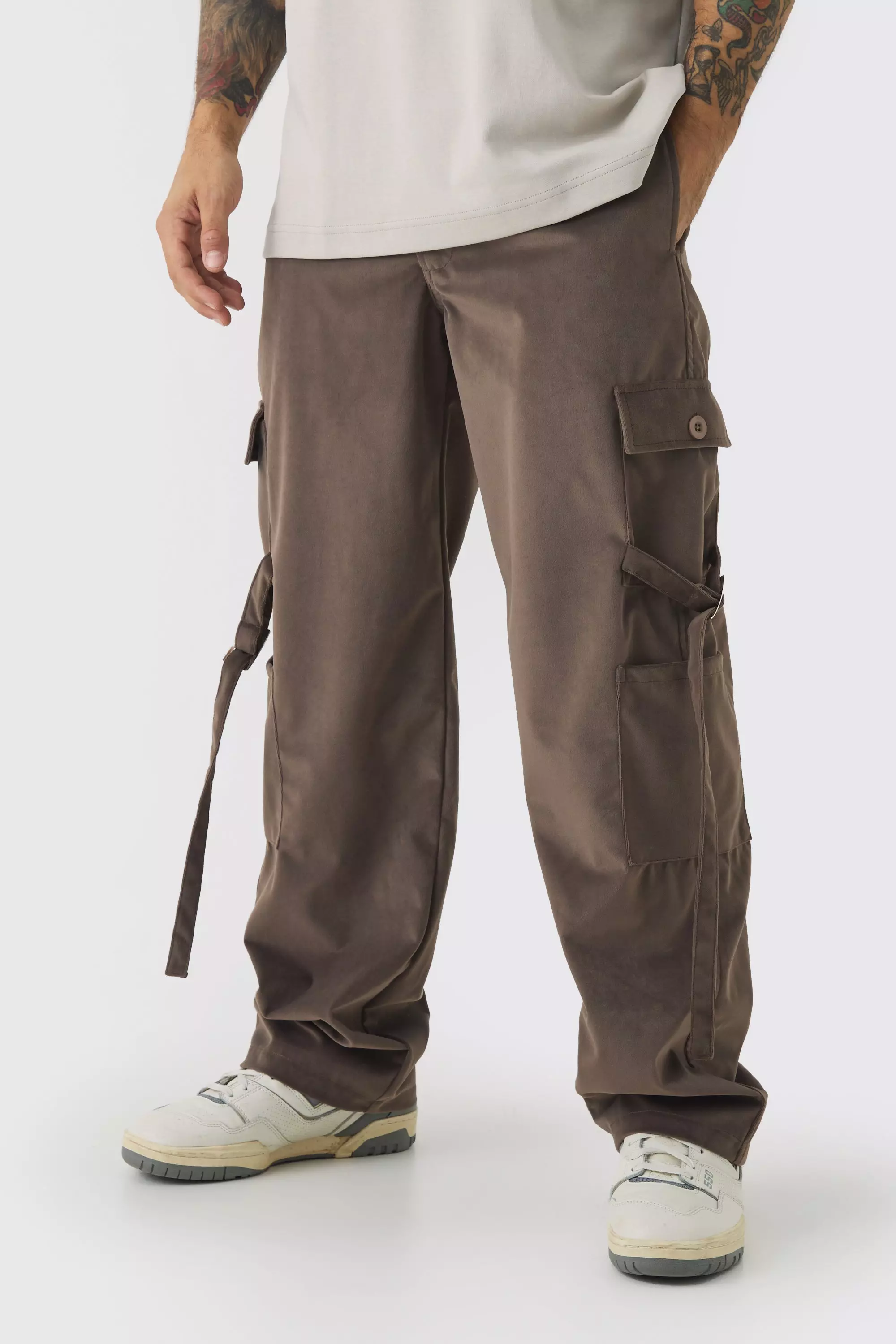 Chocolate Brown Fixed Waist Relaxed Suede Cargo Strap Pants