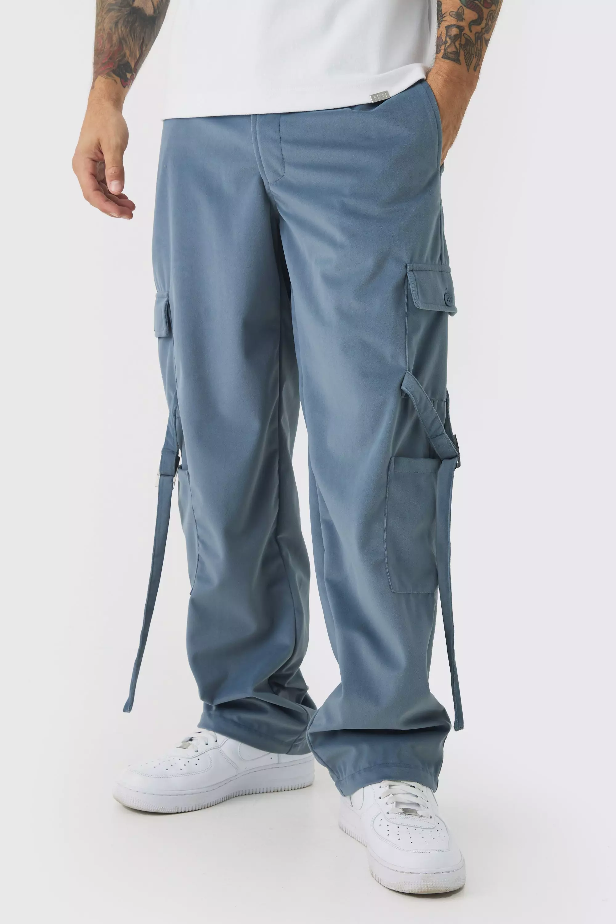 Fixed Waist Relaxed Suede Cargo Strap Pants Slate