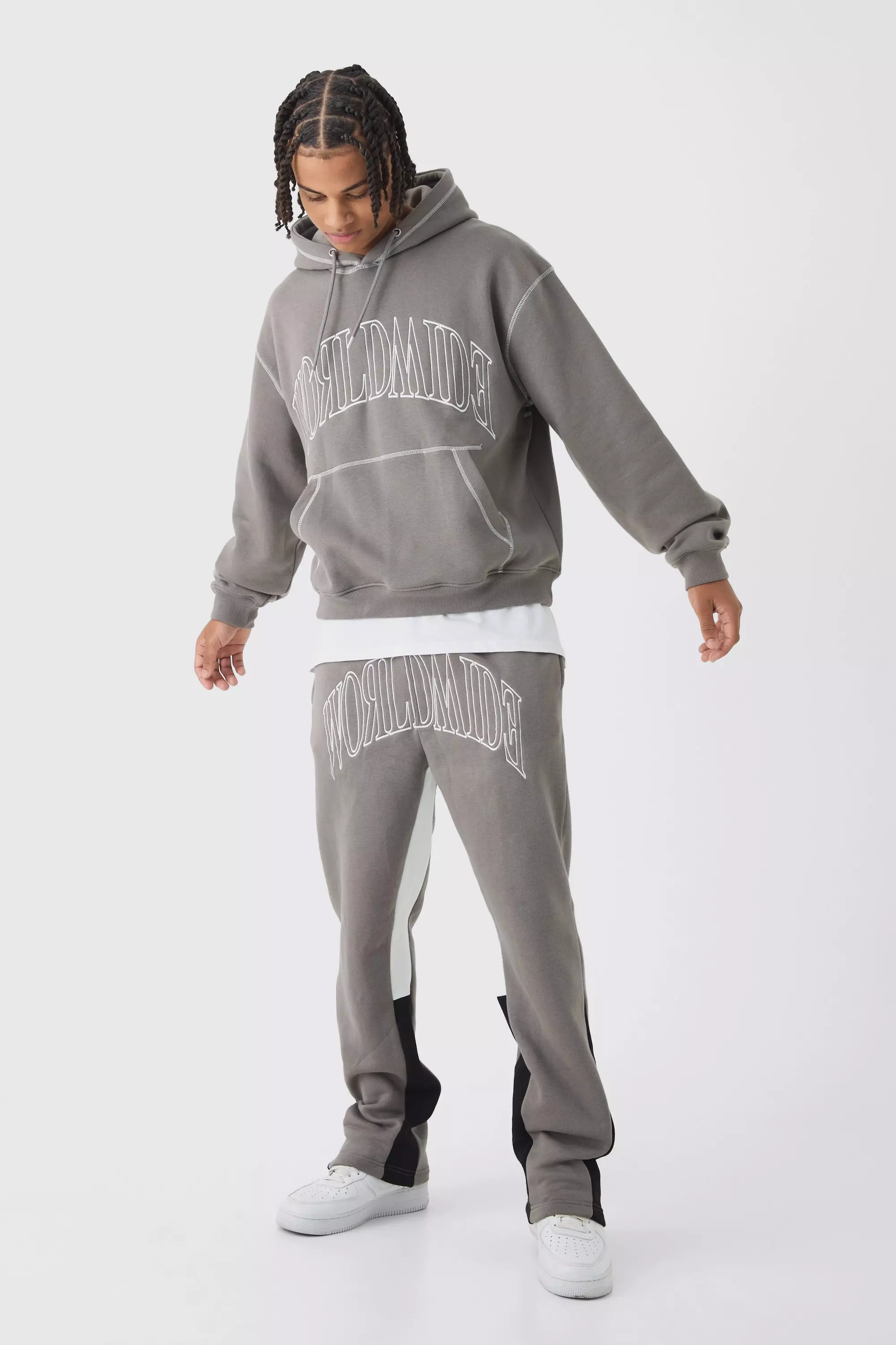 Oversized Worldwide Contrast Stitch Gusset Tracksuit Charcoal