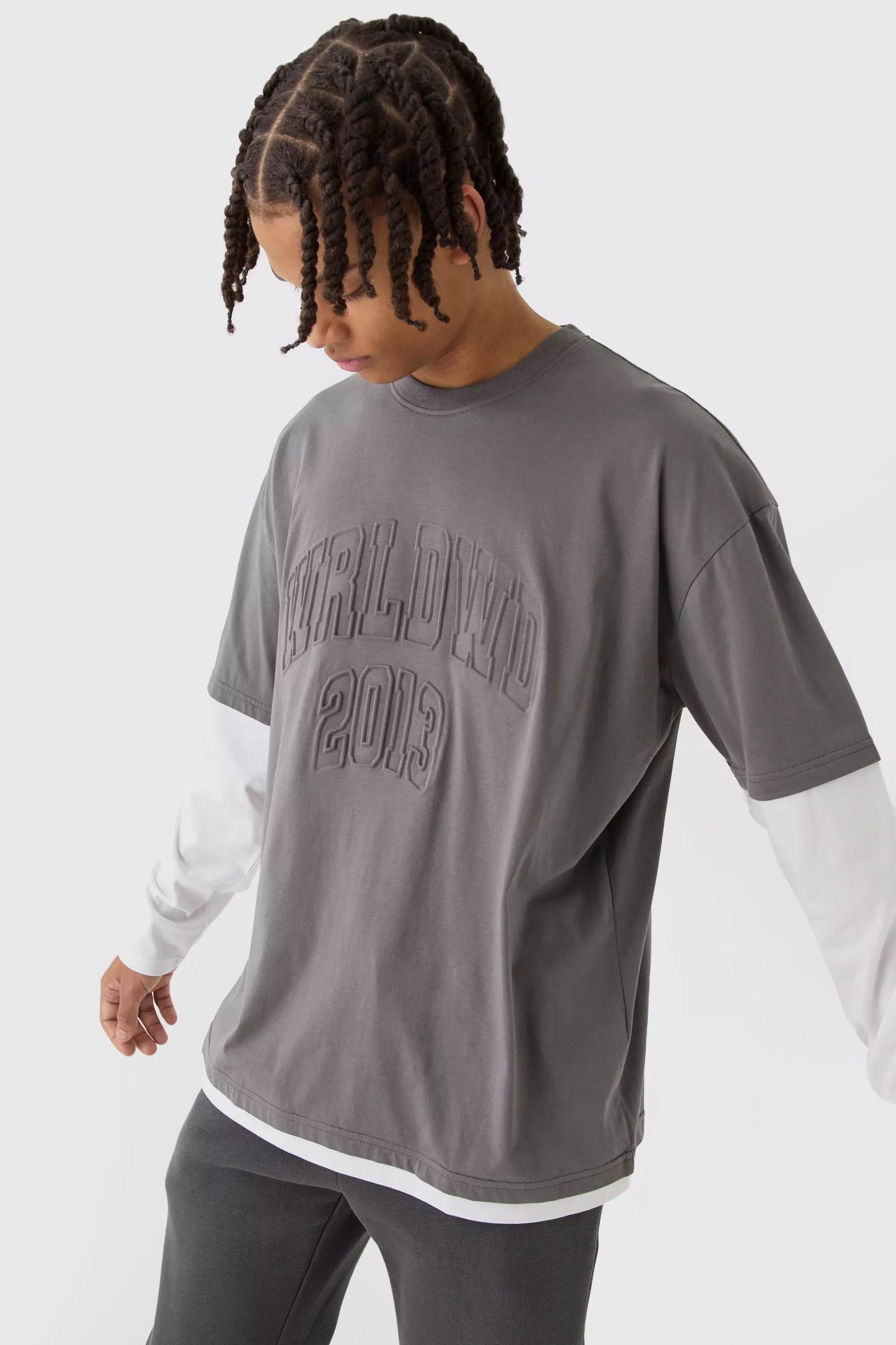 Dark grey Oversized Varisty T-Shirt Met Neplaag En Reliëf alternatieve afbeelding