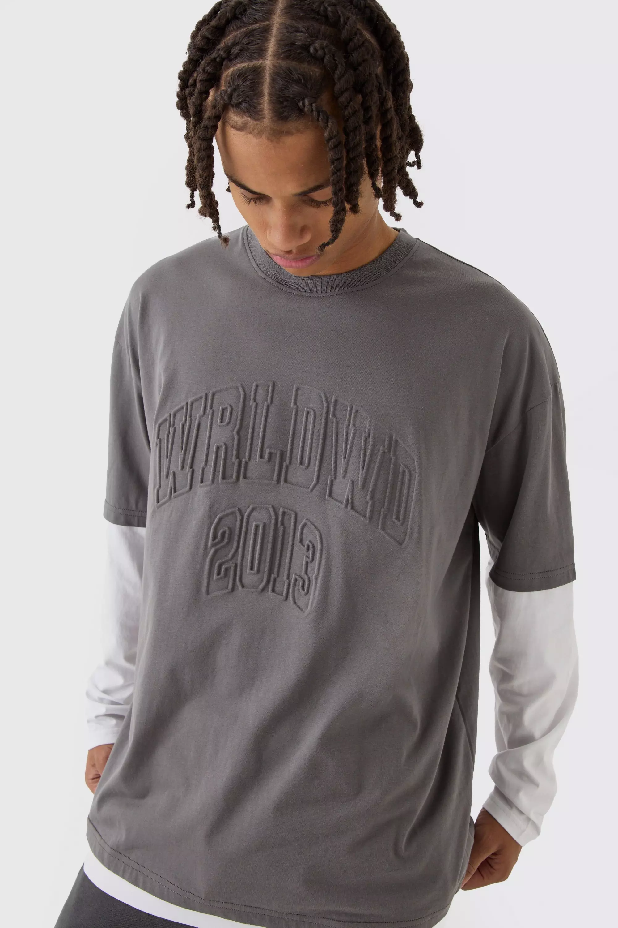 Dark grey Oversized Varisty T-Shirt Met Neplaag En Reliëf alternatieve afbeelding