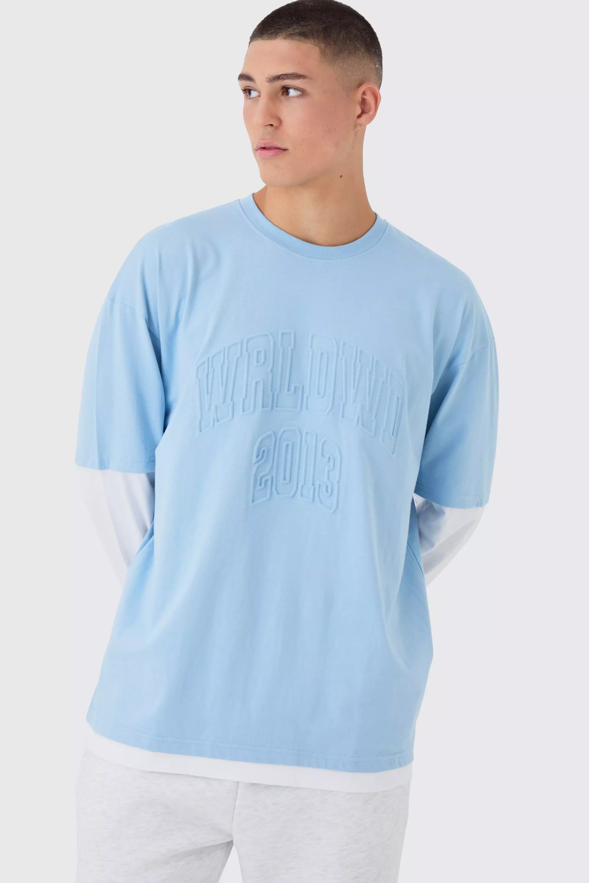 Oversized Faux Layer Varsity Embossed T-Shirt Blue