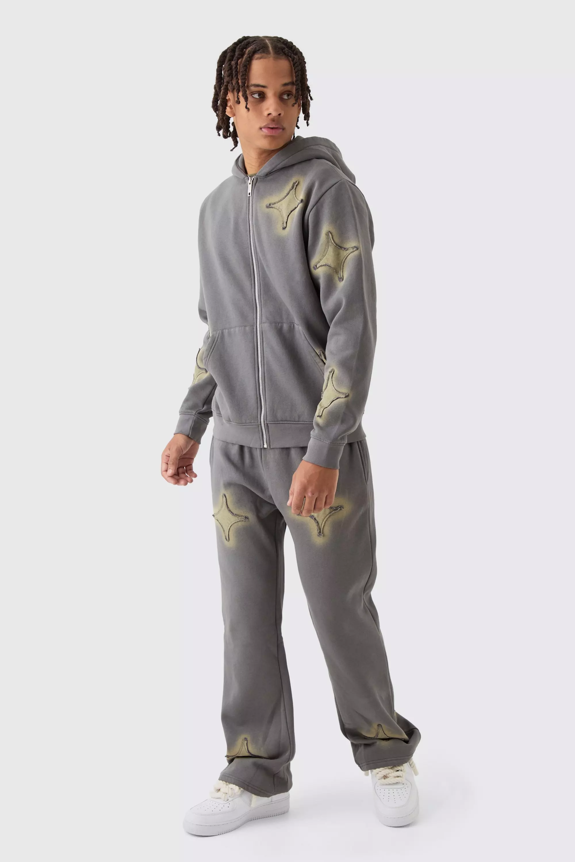 Charcoal Grey Regular Fit Washed Star Applique Gusset Zip Through Hooded Tracksuit