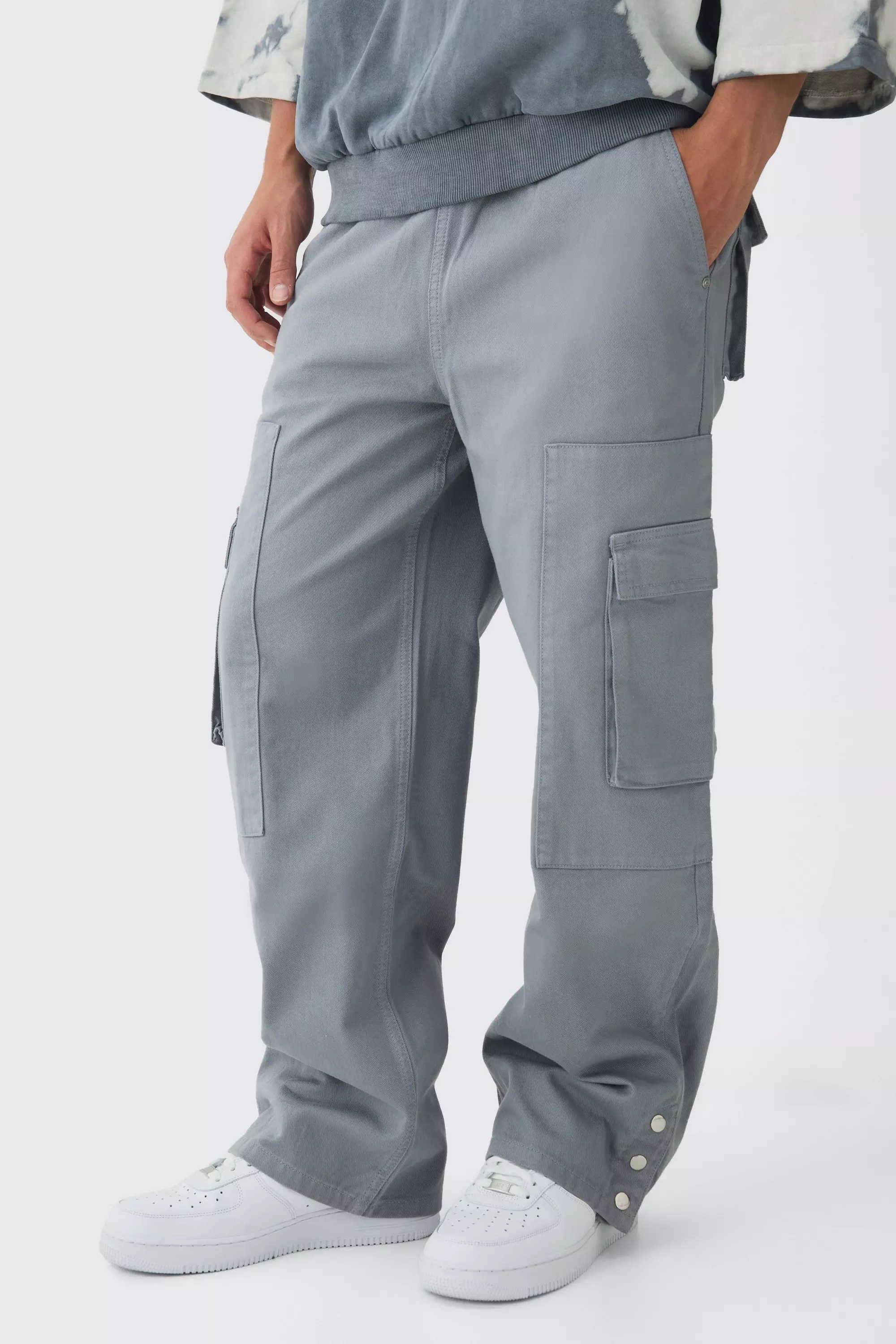 Grey Elasticated Waist Baggy Twill Cargo Pants