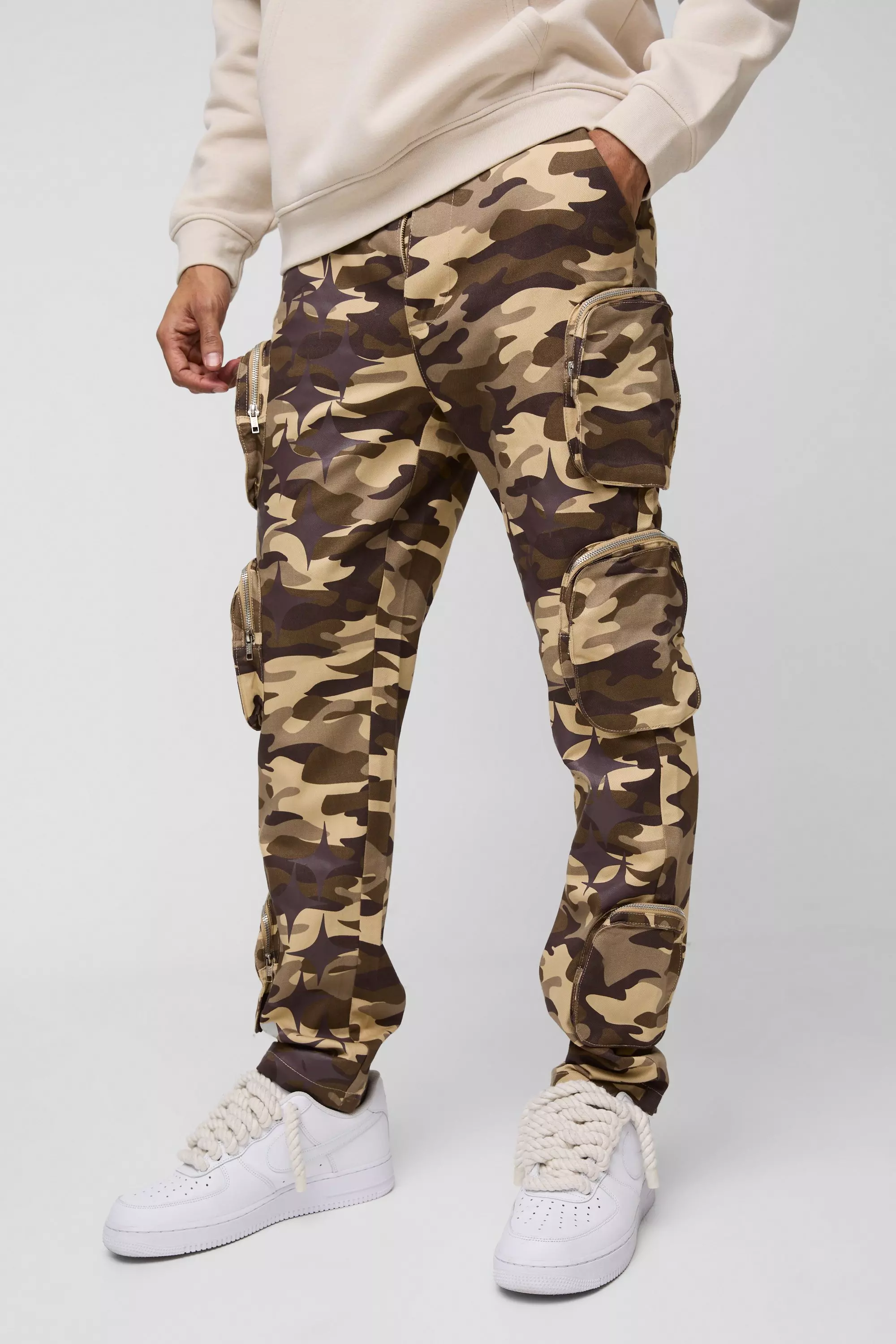 Fixed Waist Slim Twill Camo 3D Multi Pocket Cargo Trousers Brown